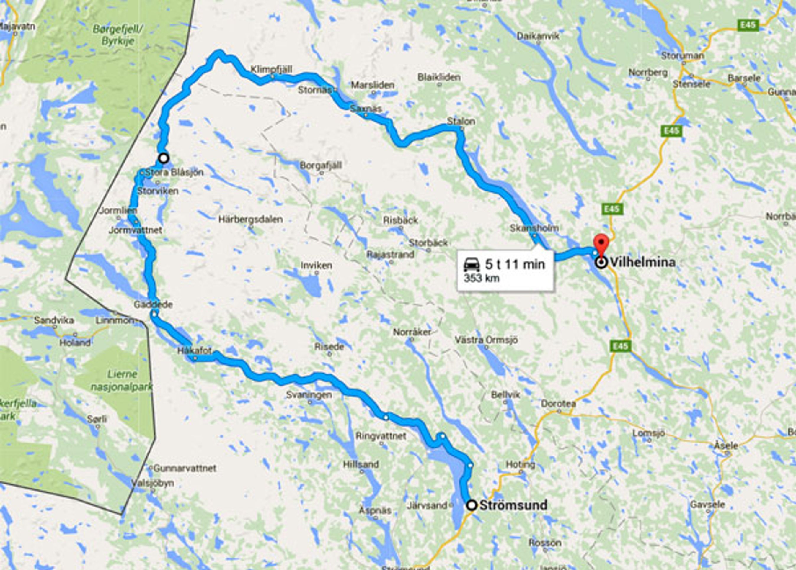 Hele strækningen er omkring 350 km lang. Den mest spektakulære og øde del går mod den norske grænse.