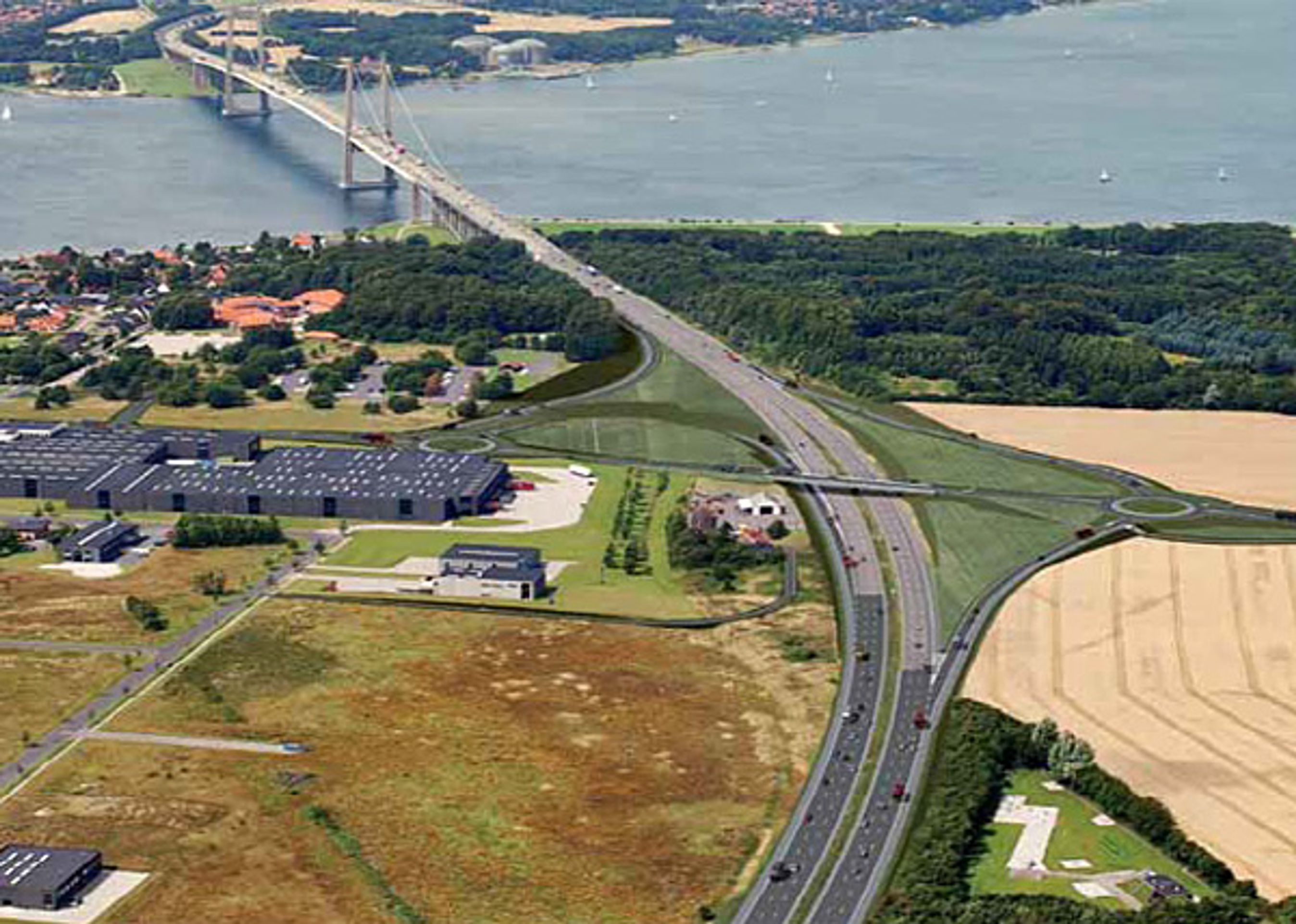 Ved Lillebæltsbroen bliver tilslutningsanlægget bygget fuldstændig om. Visualisering: Torben Friis Nielsen, Vejdirektoratet