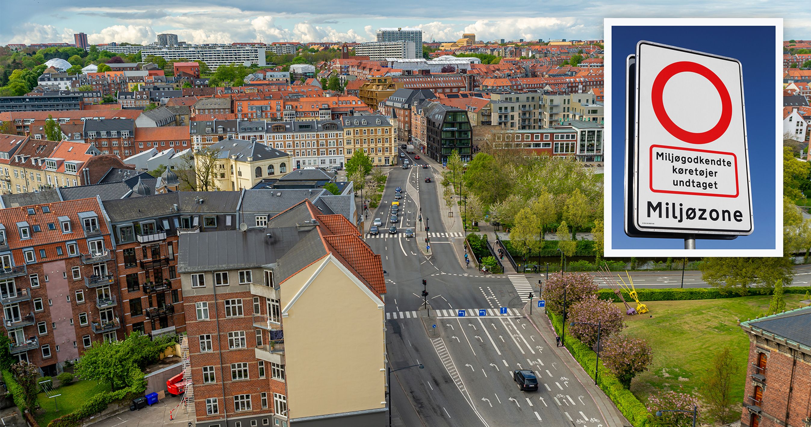 Aarhus set fra oven med indsat miljøzoneskilt