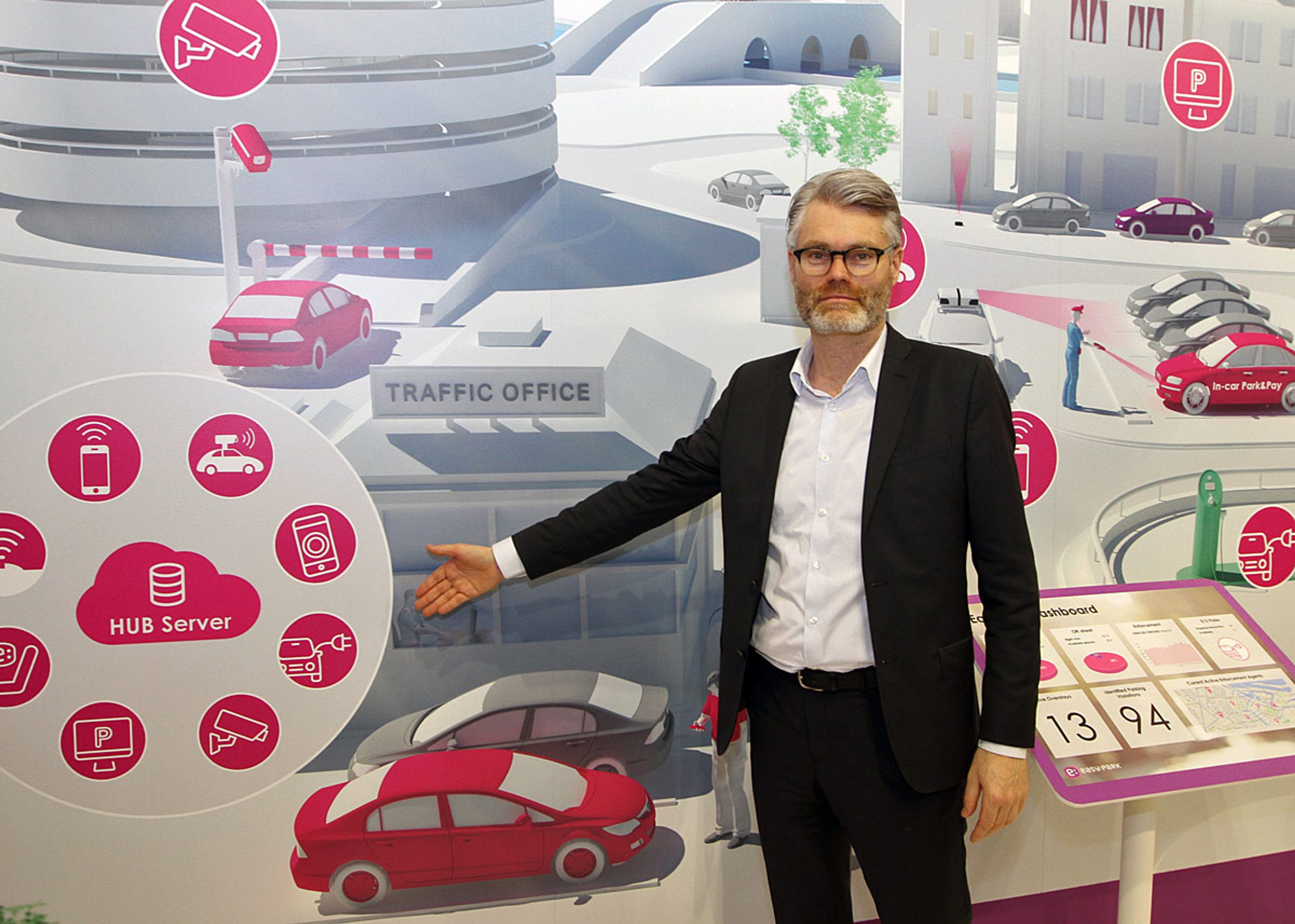Smarte digitale systemer griber om sig til p-kontrol, betaling af parkering og med at finde de bedste p-pladser. Parkering er blevet big business og Easy Park her repræsenteret ved Morten Hother Sørensen var blot et ud af flere end 50 p-firmaer på fagmessen Intertraffic i Amsterdam. Foto: Torben Arent 
