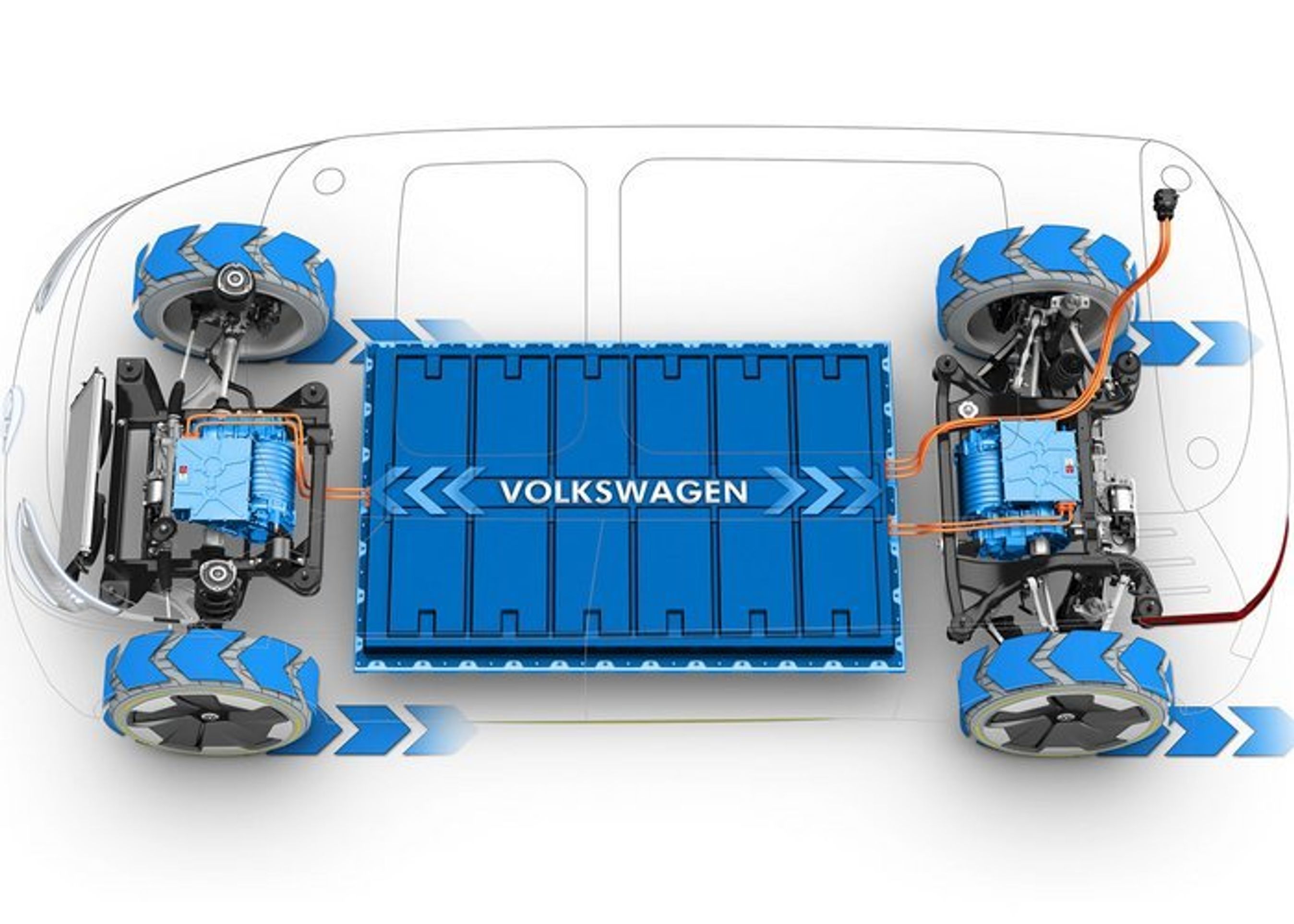 I.D. Buzz er baseret på Volkswagens MEB-platform med stort fladt batteri i bunden og i dette tilfælde motor både for og bag.