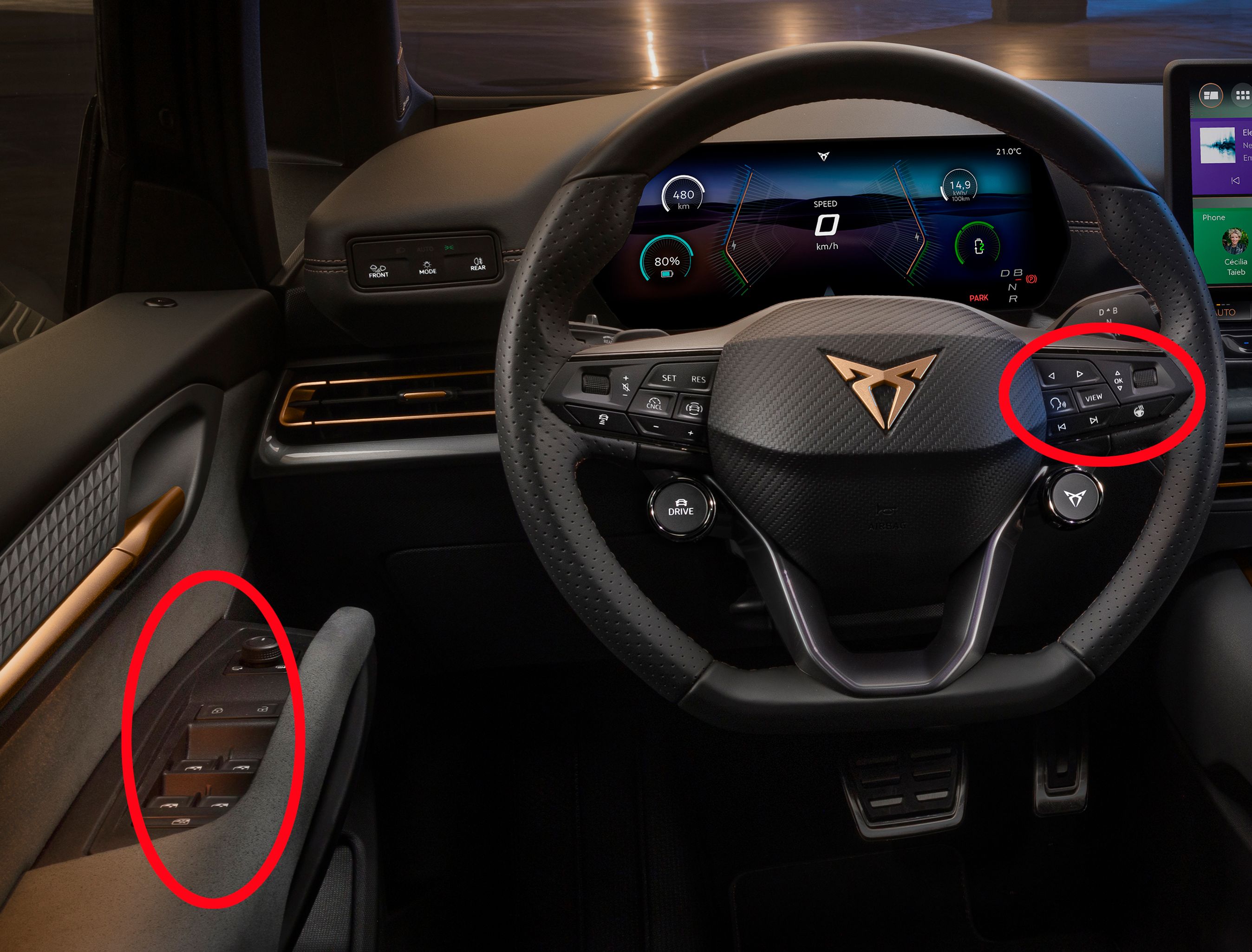 Nærbillede af førerpladsen i Cupra Born.