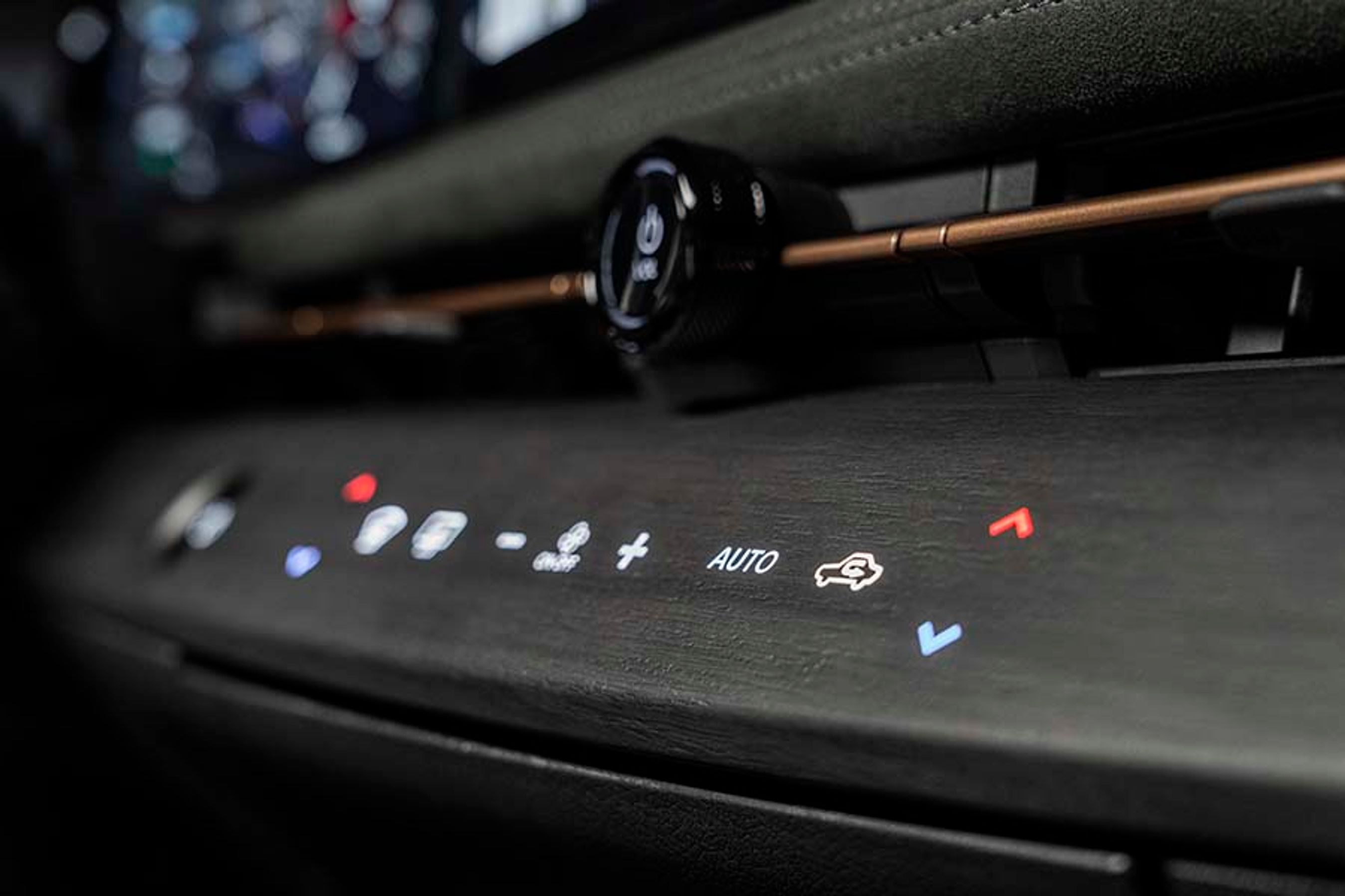 et stort trælignende panel med indlagte touch-knapper til betjening af klimaanlægget.