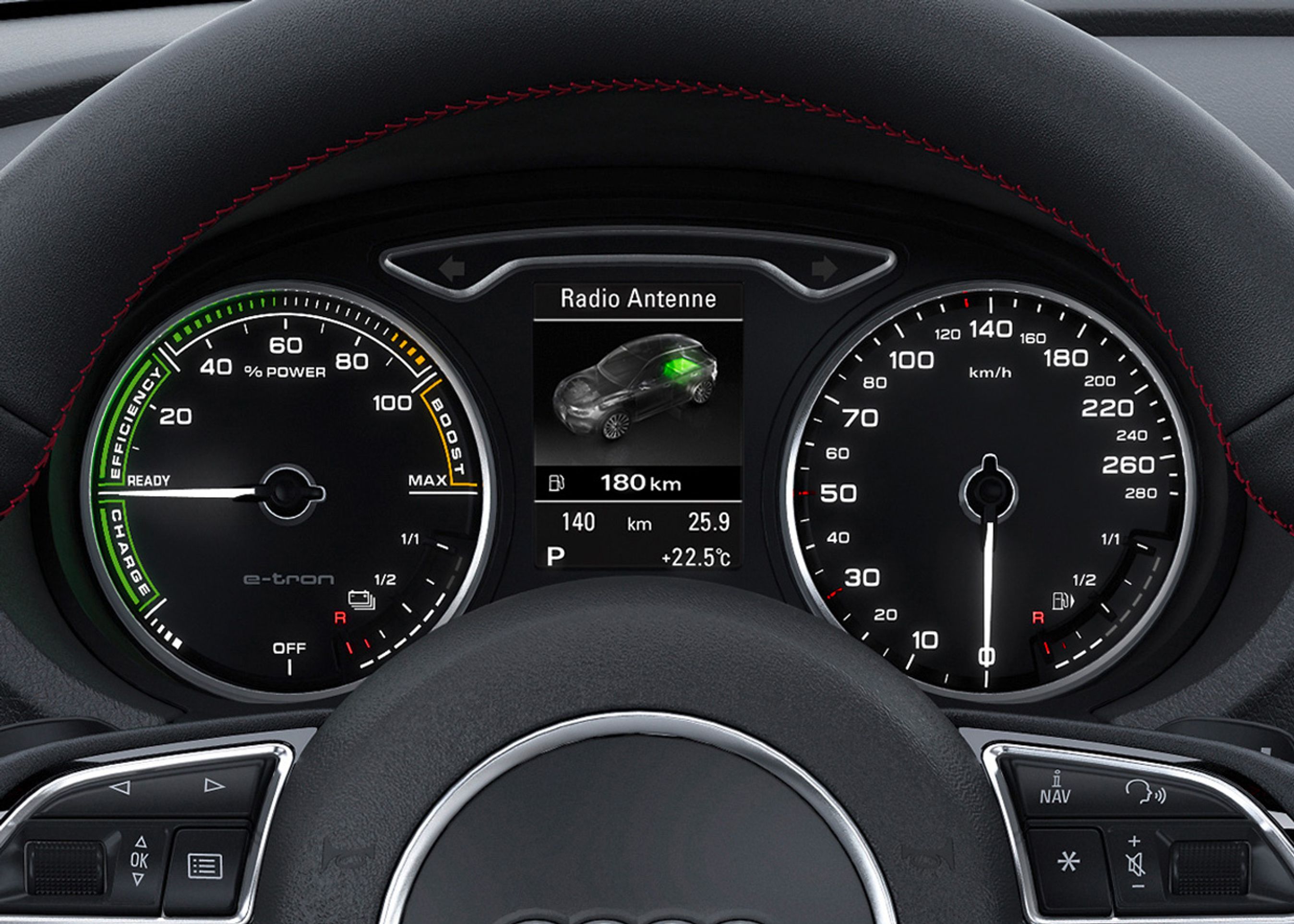 Omdrejningstælleren har helt skiftet udseende og funktion i den benzin-elektriske A3.