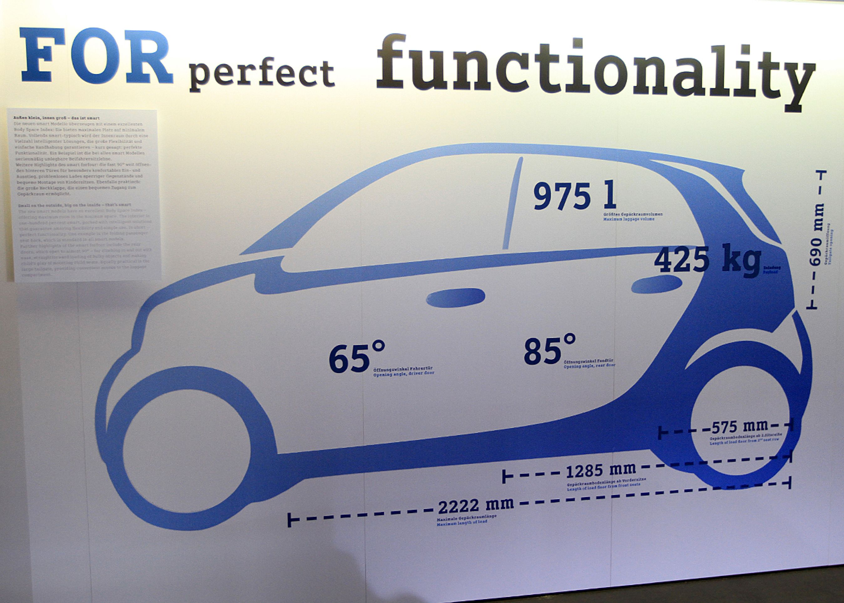 Smart er stolt over den måde, bilerne er "pakket" på. Bagdørene kan f.eks. åbne i en vinkel på 90 grader, der er plads til genstande på 2,22 meter inde i bilen, og med bagsædet lagt ned kan der være 975 liter bagage op til loftet.