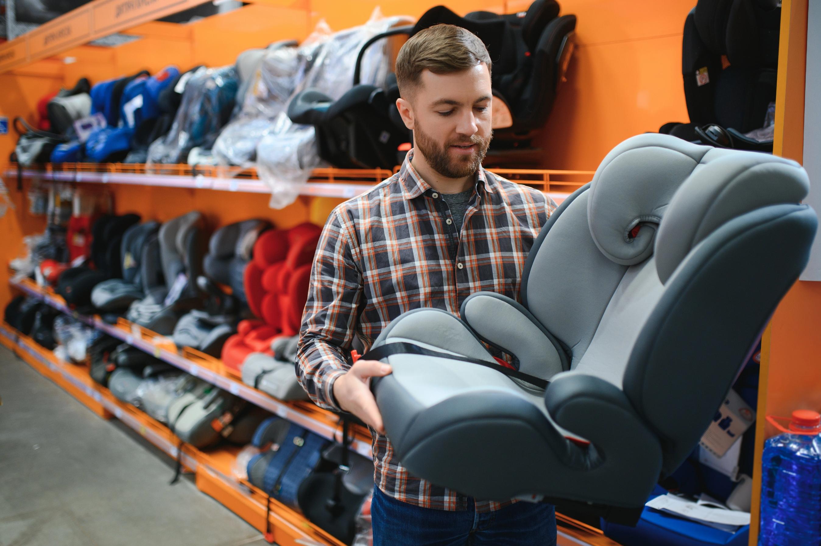 Mand står med en autostol i en butik, der sælger autostole