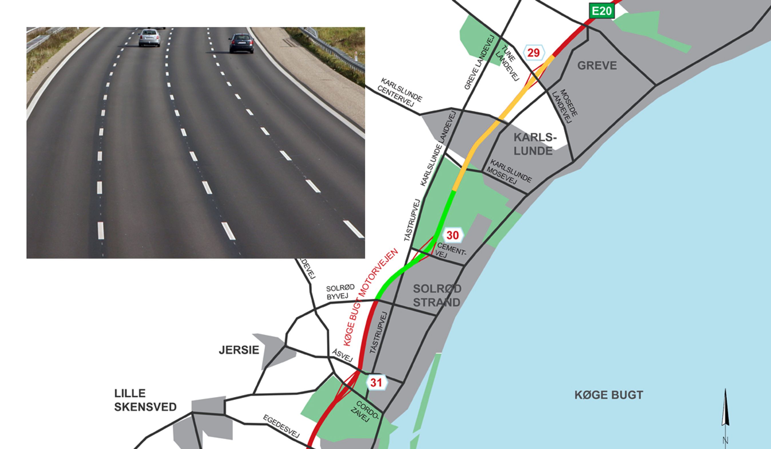 På den grønne strækning bliver Køge Bugt Motorvejen nu ottesporet. Den gule del blev det. Illu.: Vejdirektoratet/Torben Arent