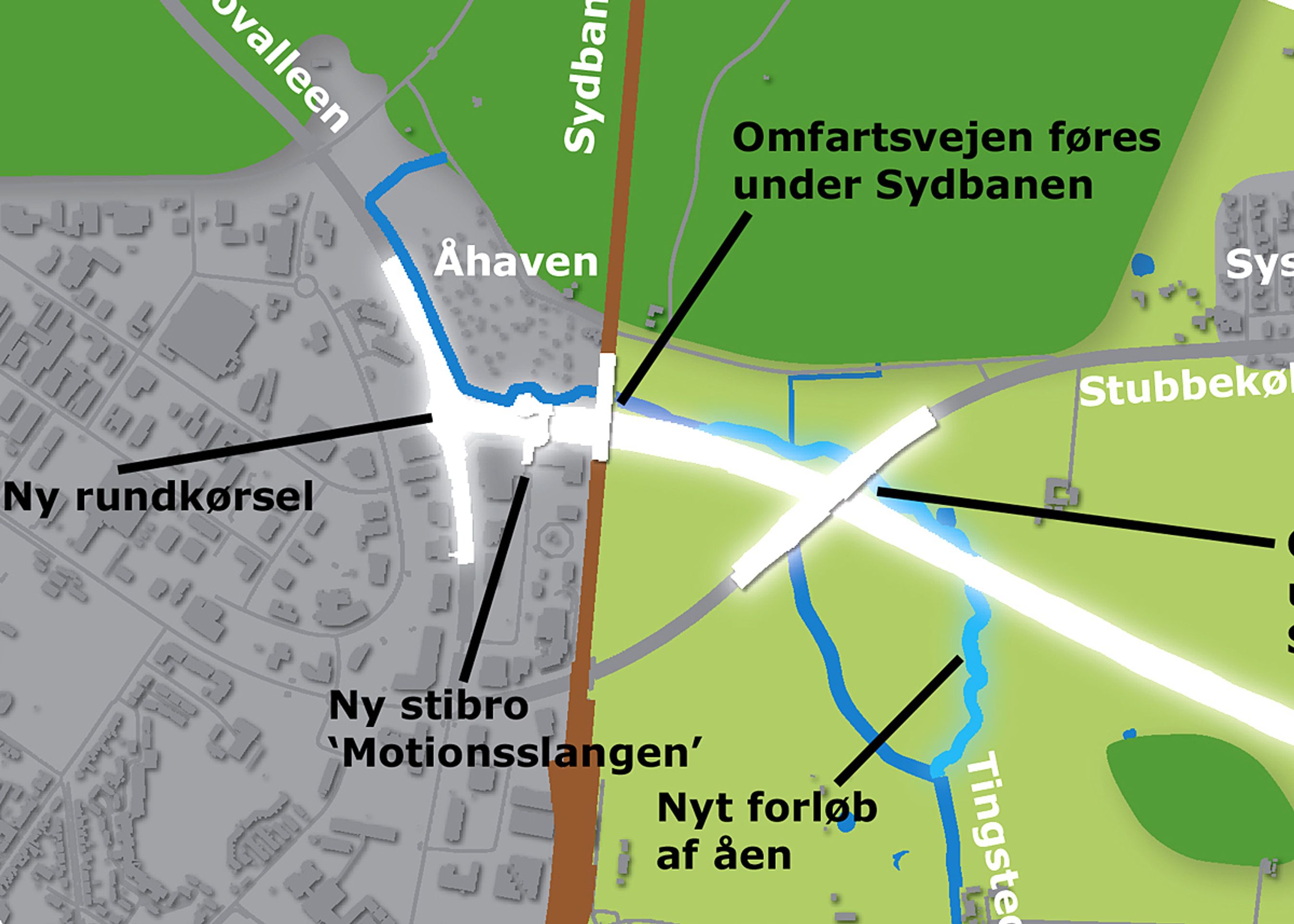 Omfartsvejen tager i nord udgangspunkt i den nordlige del af den gamle omfartsvej. Derefter går den straks under Gedser-Vordingborg-banen og lidt mod øst over en å, der må flyttes..