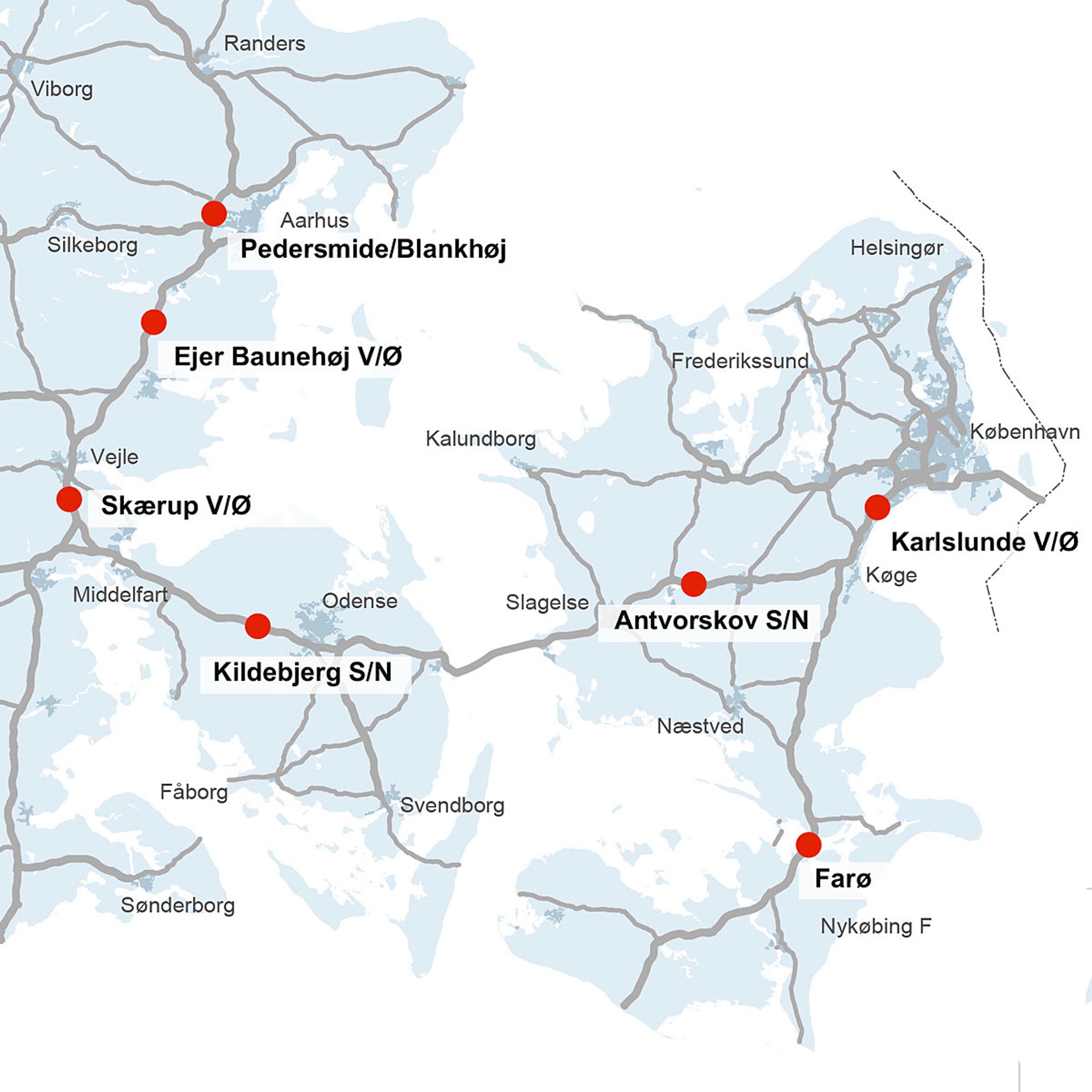 Her står de første 13 hurtigladere. Der er formentlig en fejl i Vejdirektoratets kort, idet indvielsen fandt sted på Tuelsø rasteplads lidt øst for de markerede Antvorskov. Illustration: Vejdirektoratet