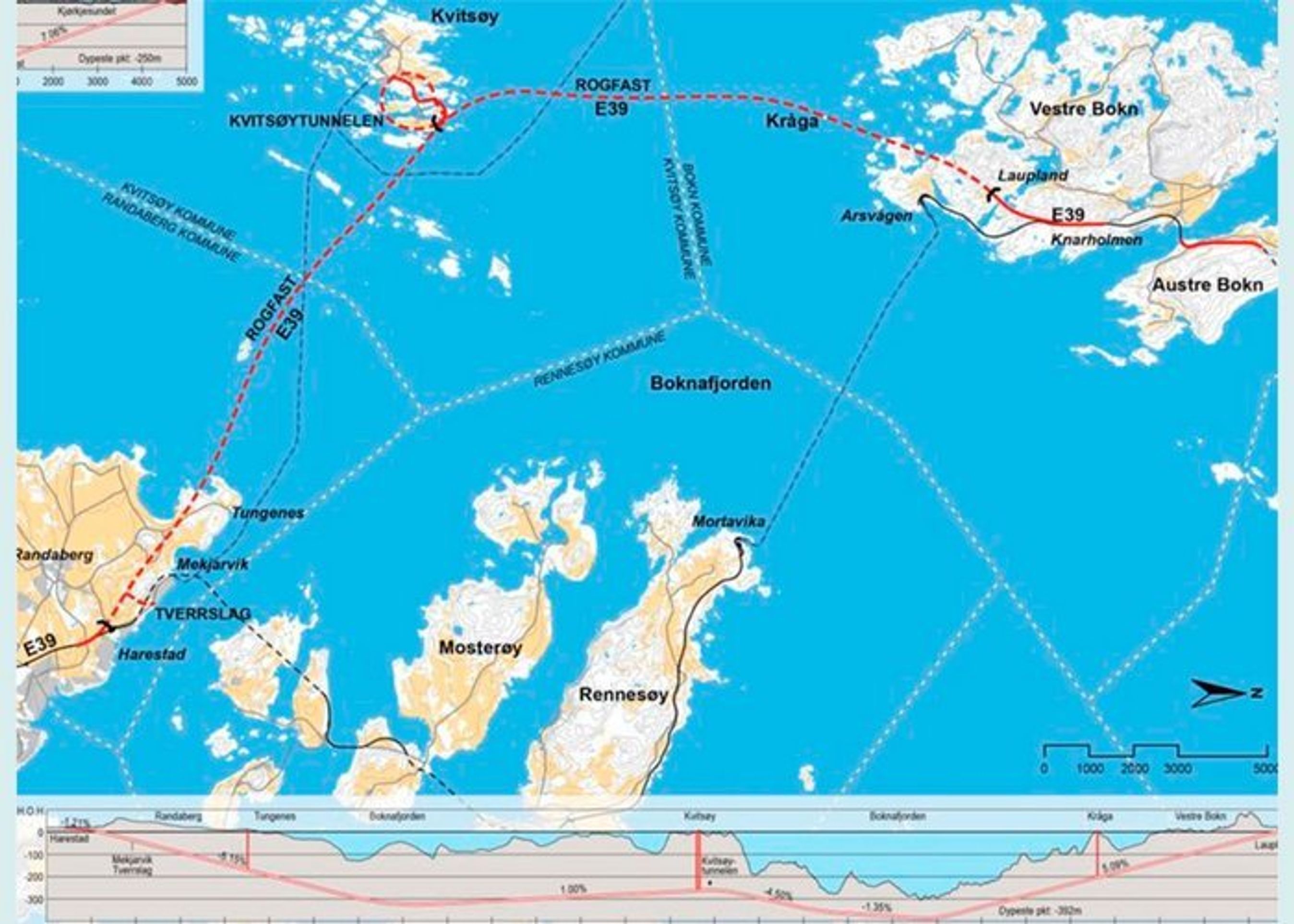 Den knap 27 km lange tunnel går i en bue via den lille Kvitsøy, hvor der bliver frakørsel. 390 meter under havoverfladen er tunnelen på det dybeste sted.