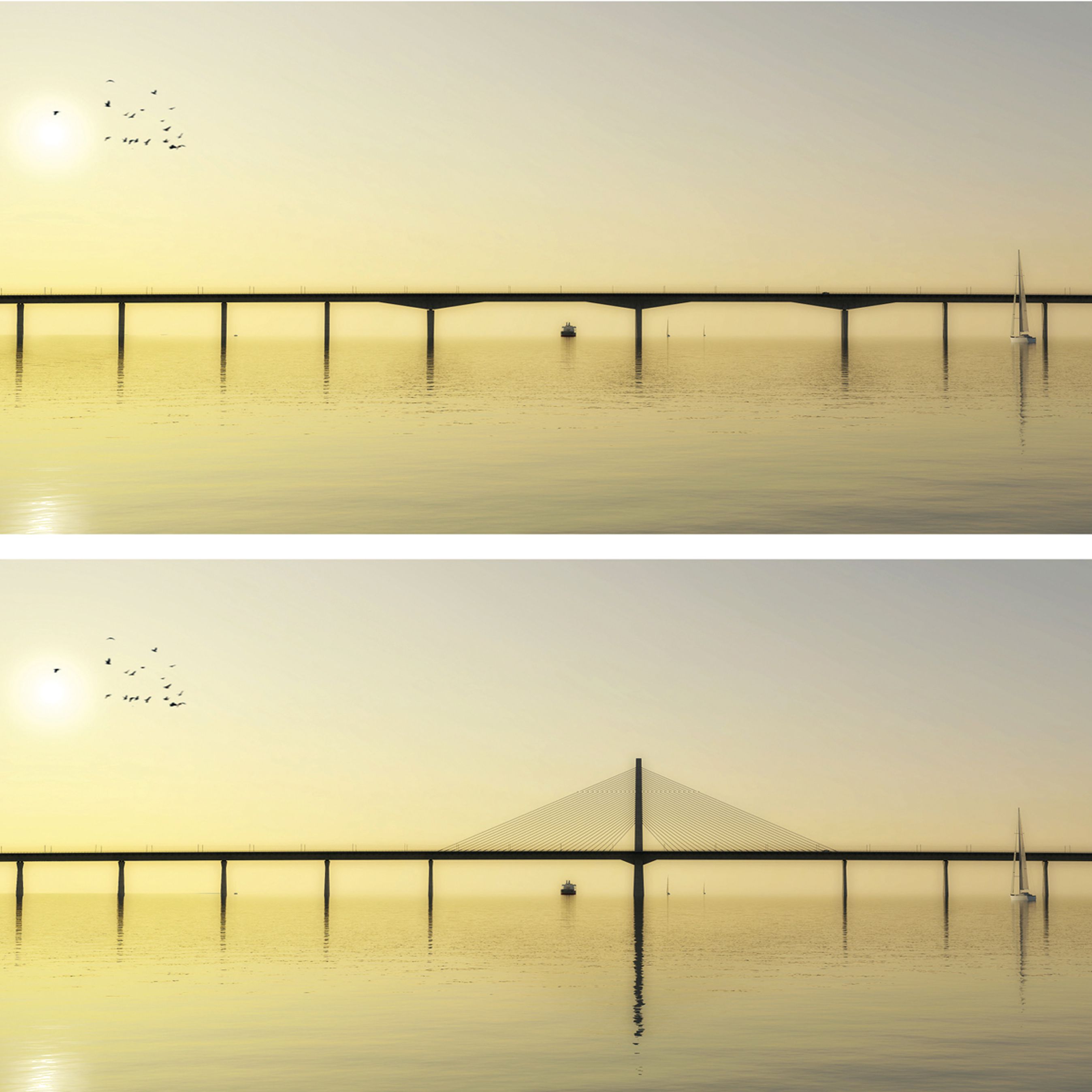 Det er disse to skitseforslag, Vejdirektoratet har givet politikerne at vælge mellem. Skråstagsbroen (for neden) vandt. Illustration: Vejdirektoratet