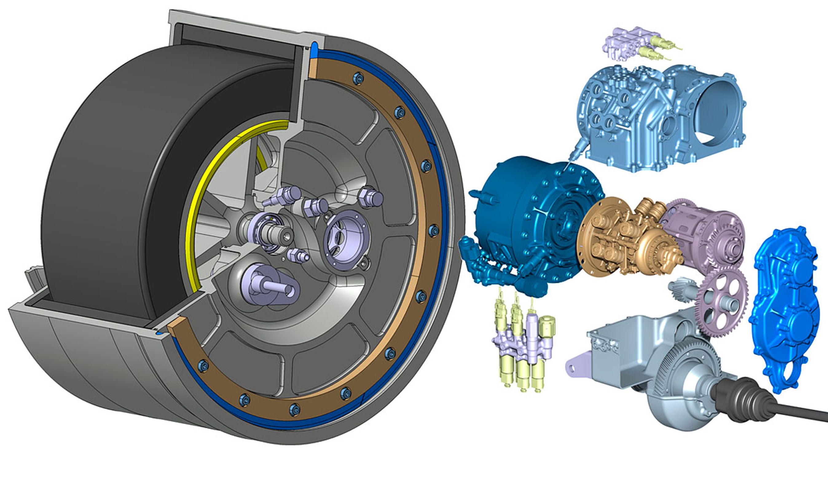 Svinghjulsteknikken er pakket ind i "hjulet" til venstre. Indmaden ses til højre; den mørkeblå er selve svinghjulet, resten gear