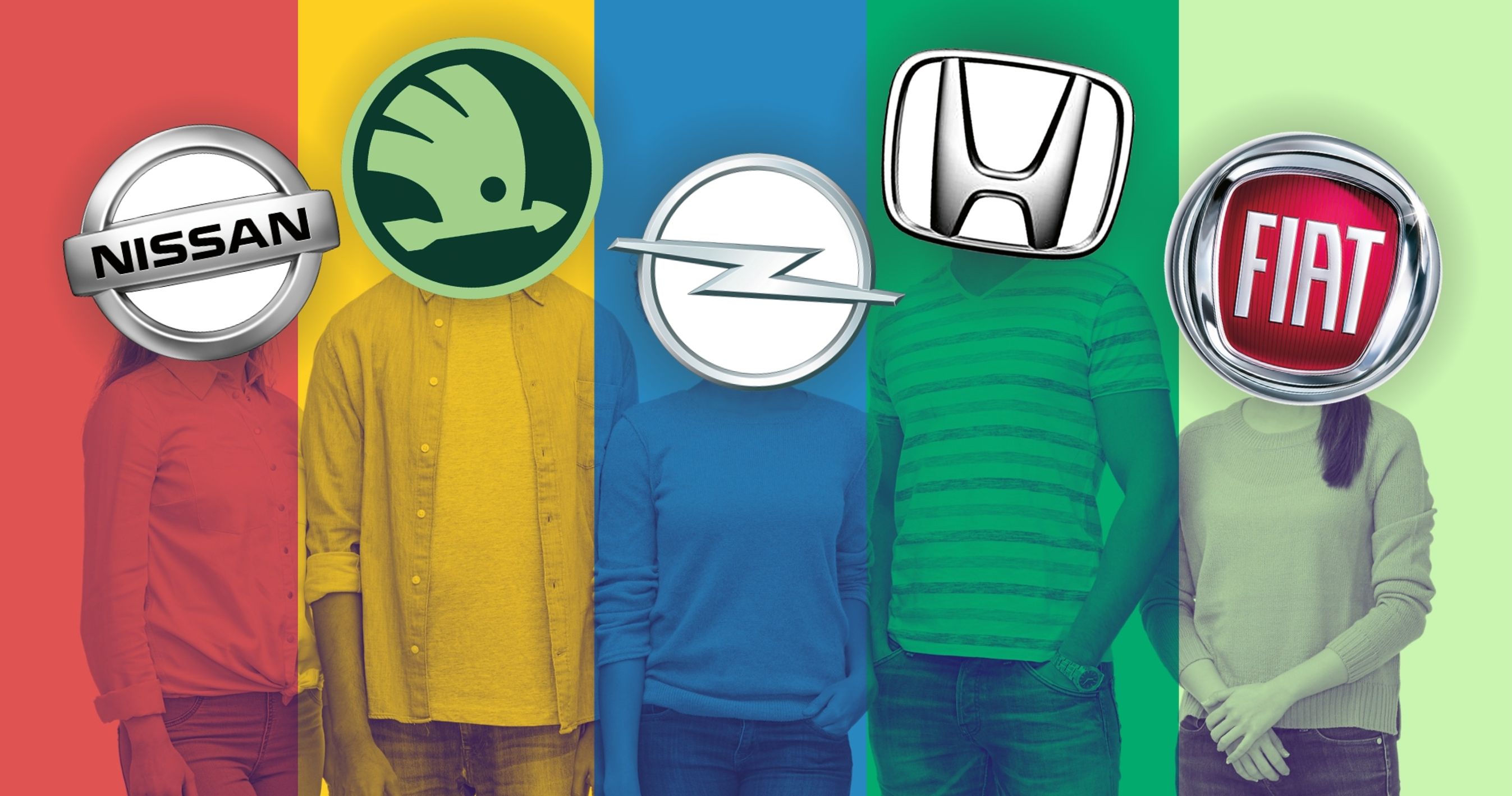 Gruppe af personer med billogoer som ansigter