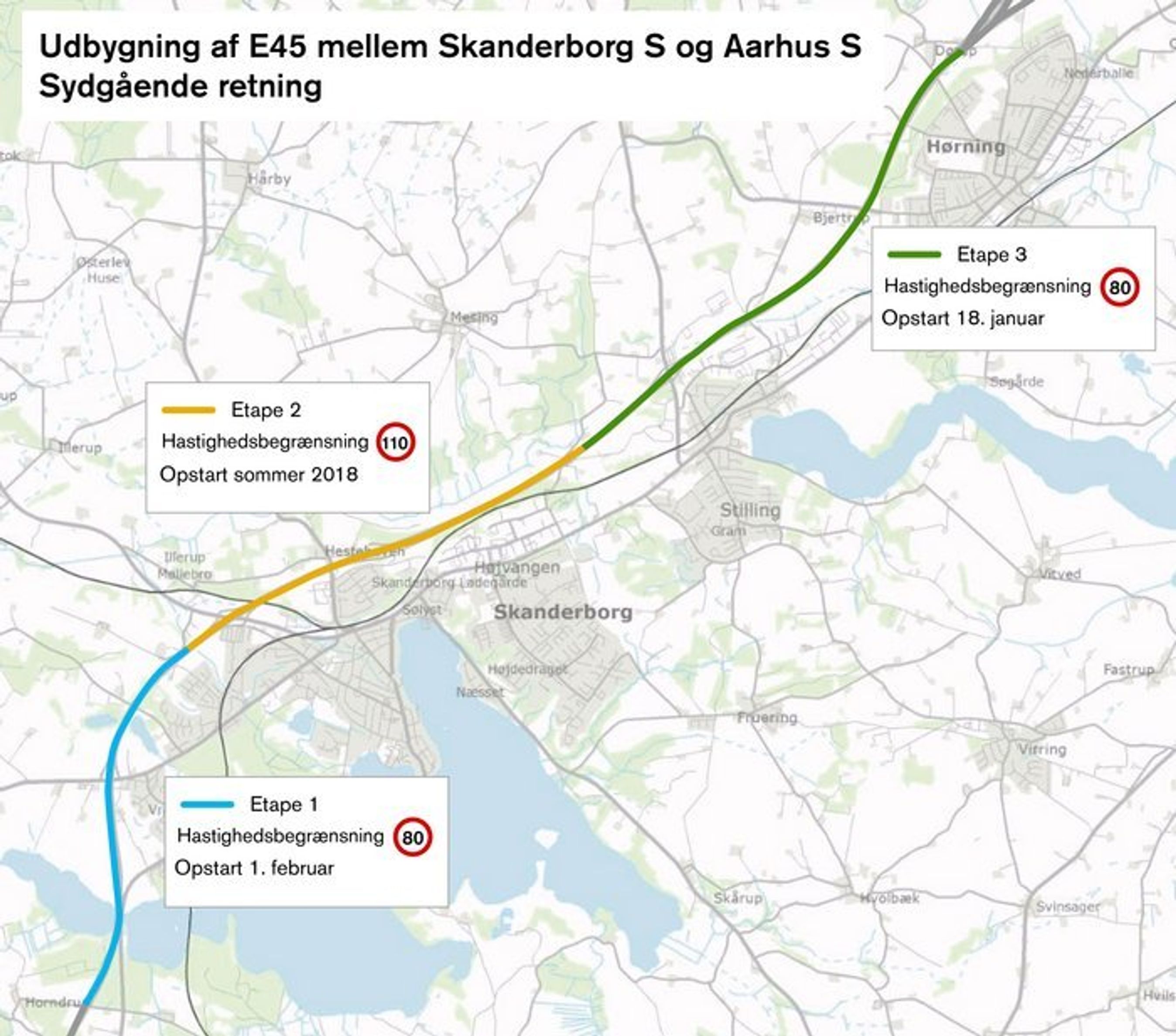 Kort over strækningen med vejarbejde.