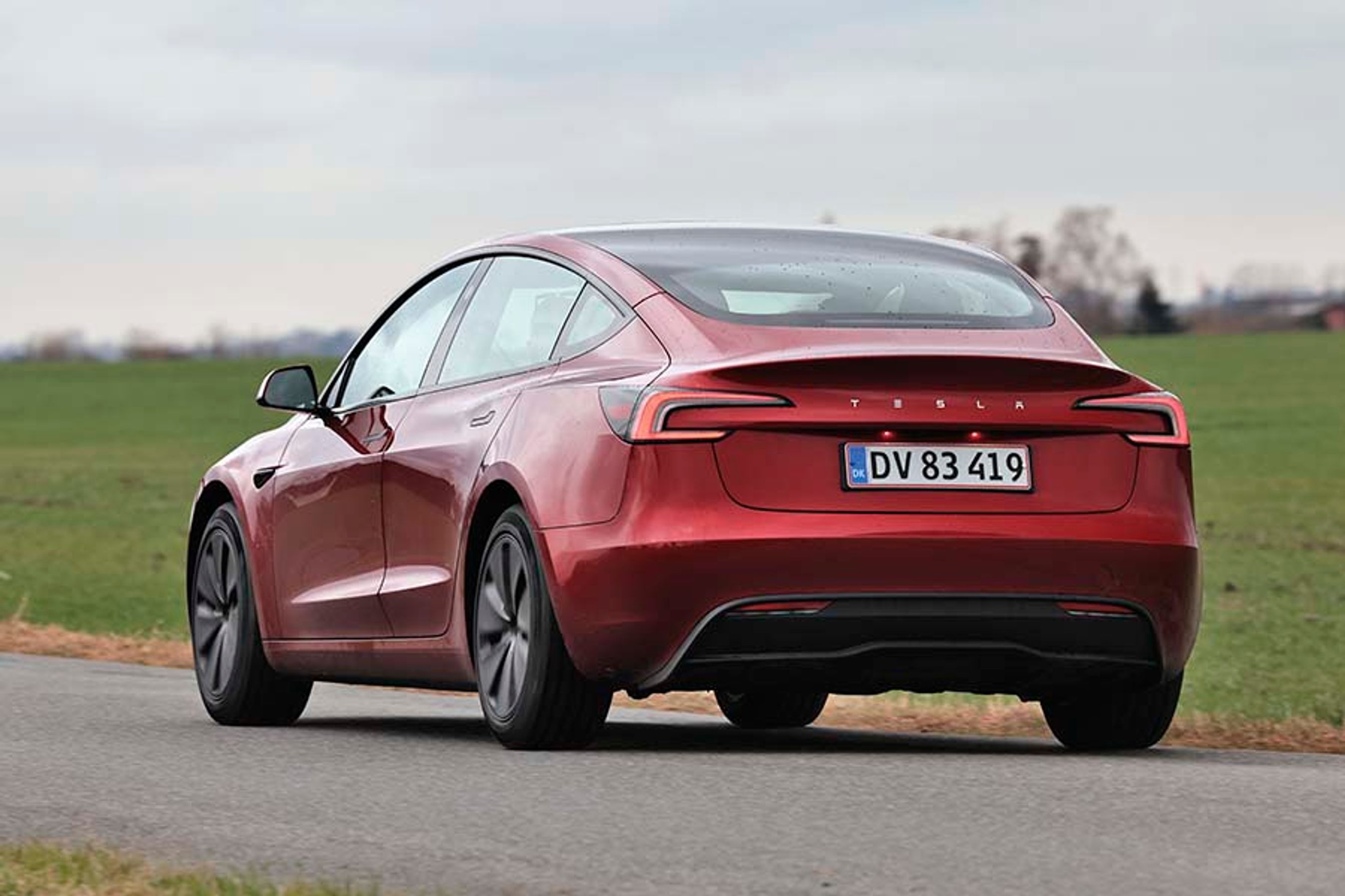 En rød Tesla Model 3 set bagfra, mens den holder foran en græsplæne.