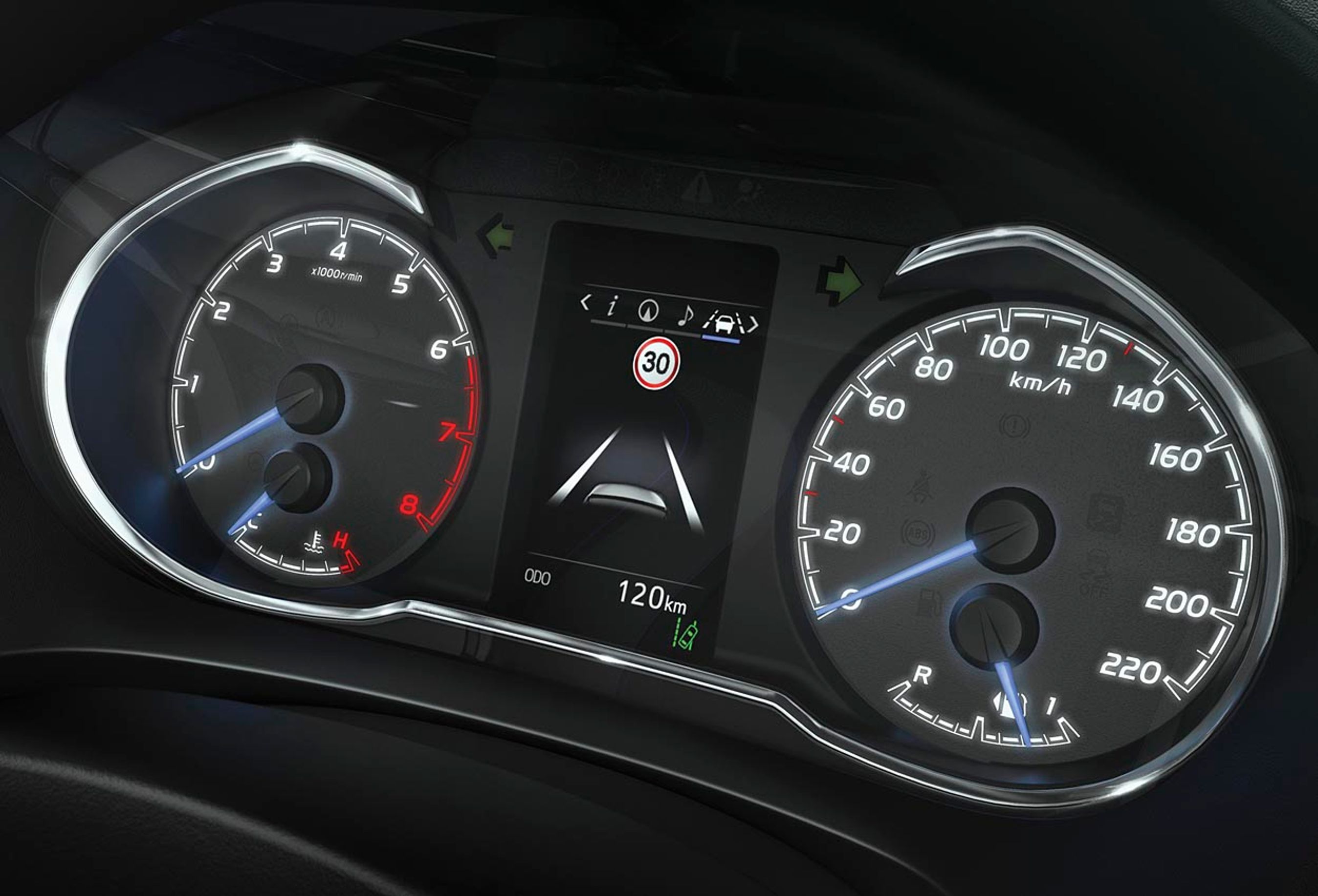 Instrumenthuset har fået nyt speedometer og omdrejningstæller og klar farveskærm i midten. Skærmen følger med fra udstyrstrin to.