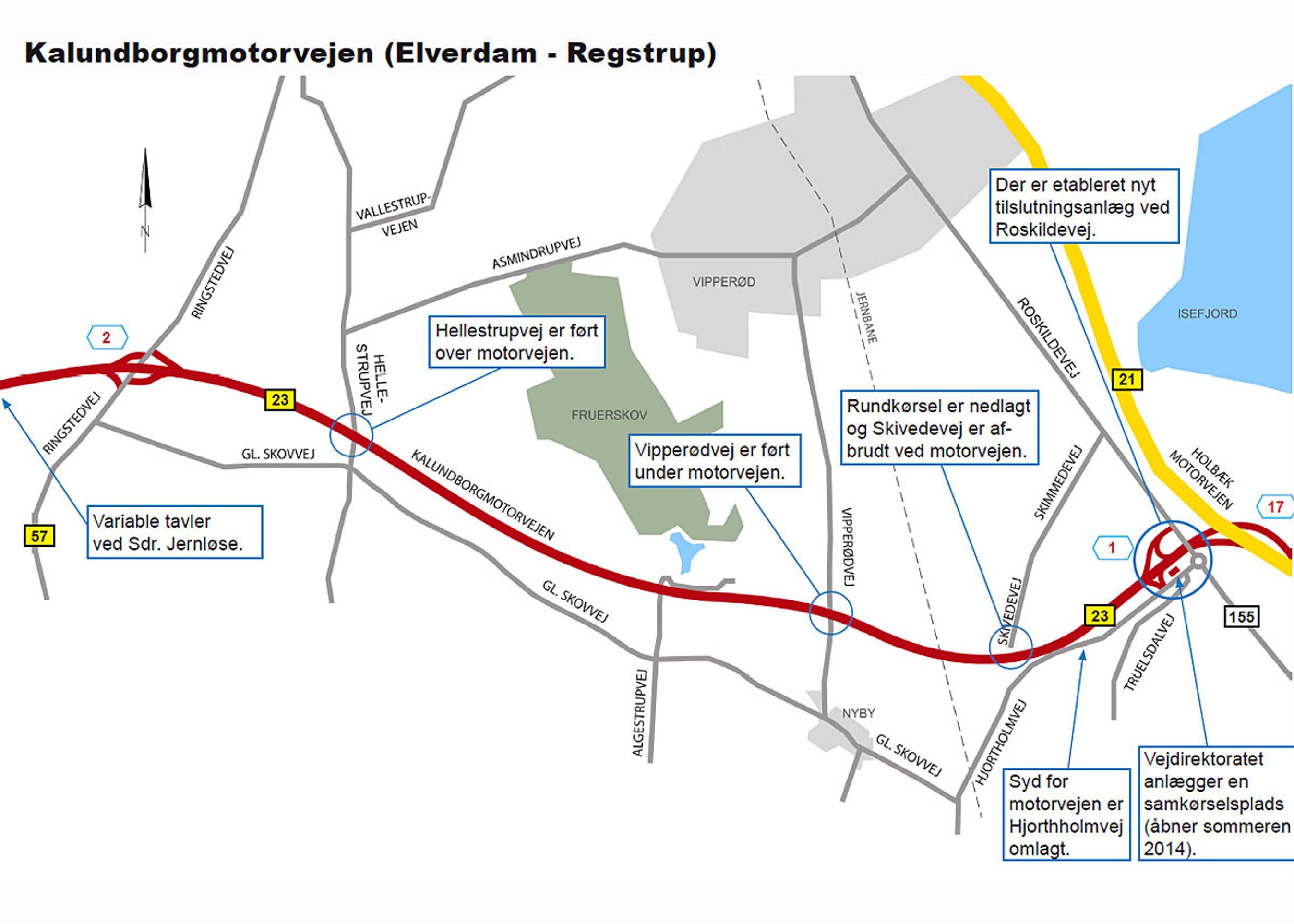 Den nye motorvejs forløb og særlige anlæg. Illustration: Vejdirektoratet