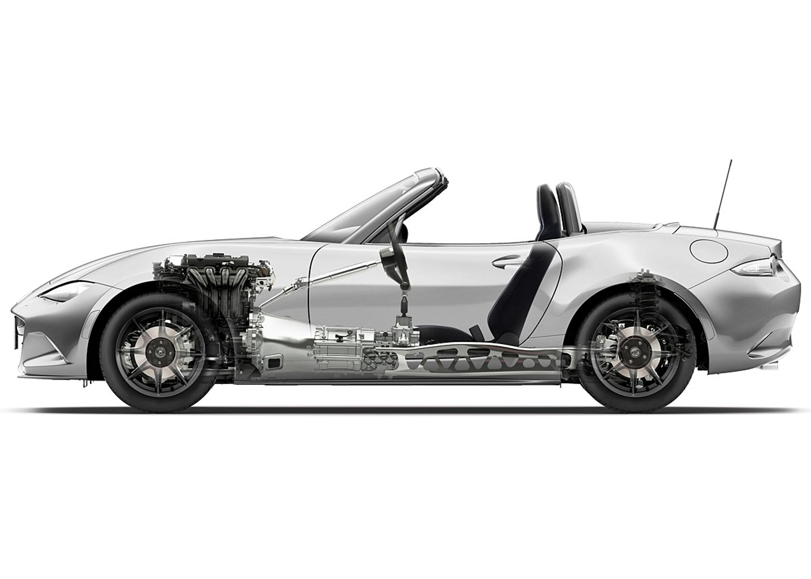 Opbygningen er den klassiske, og den lave vægt, de kompakte dimensioner og en perfekt vægtfordeling er det opskriften på en bil, der er indbegrebet af uforfalsket køreglæde, siger Mazda.