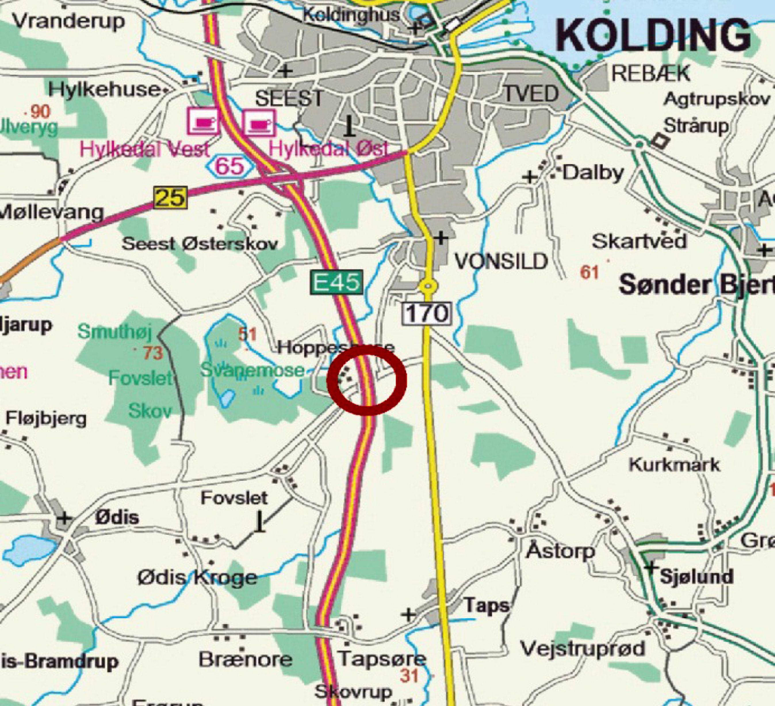 Ved Vonsild syd for Kolding kommer der en ny til- og frakørsel. Det nye tilslutningsanlæg vil aflaste <65> lige nord for.