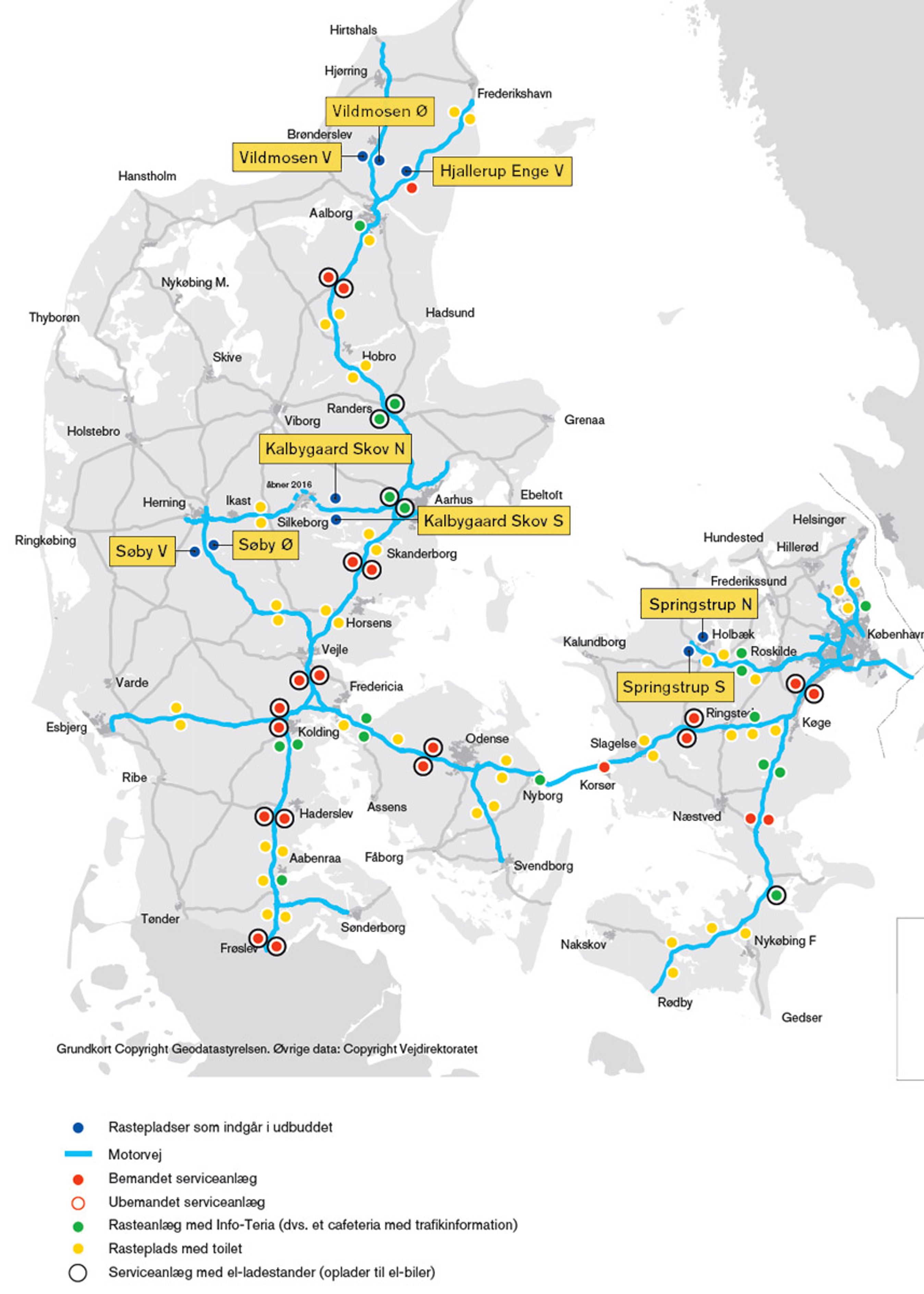 På disse ni store rastepladser forsøger Vejdirektoratet nu at få selskaber til at drive serviceanlæg. Kort: Vejdirektoratet