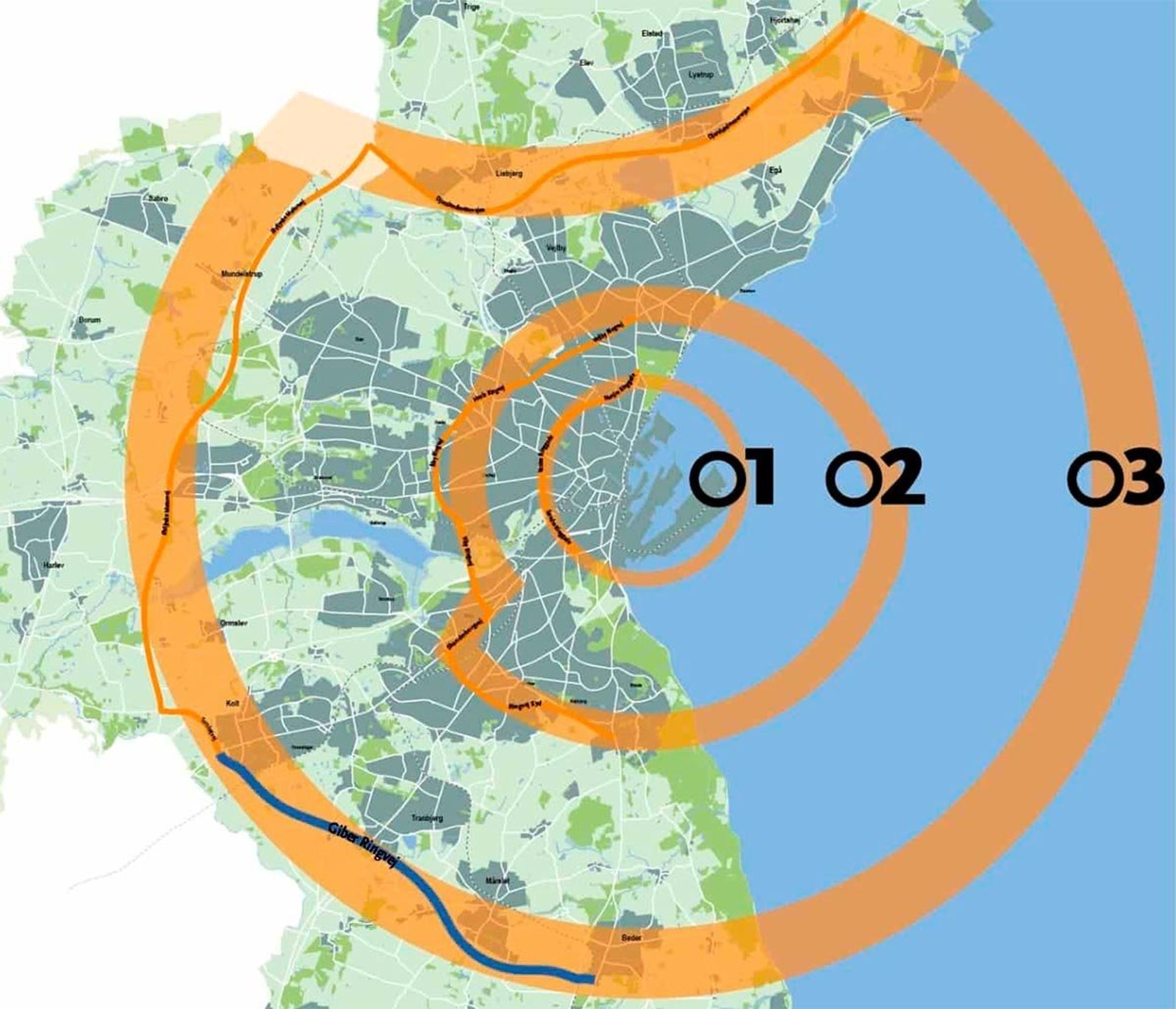 Giber Ringvej (den blå linje) indgår i en tredje ringvej sammen med Østjyske Motorvej og Djurslandsmotorvejen.