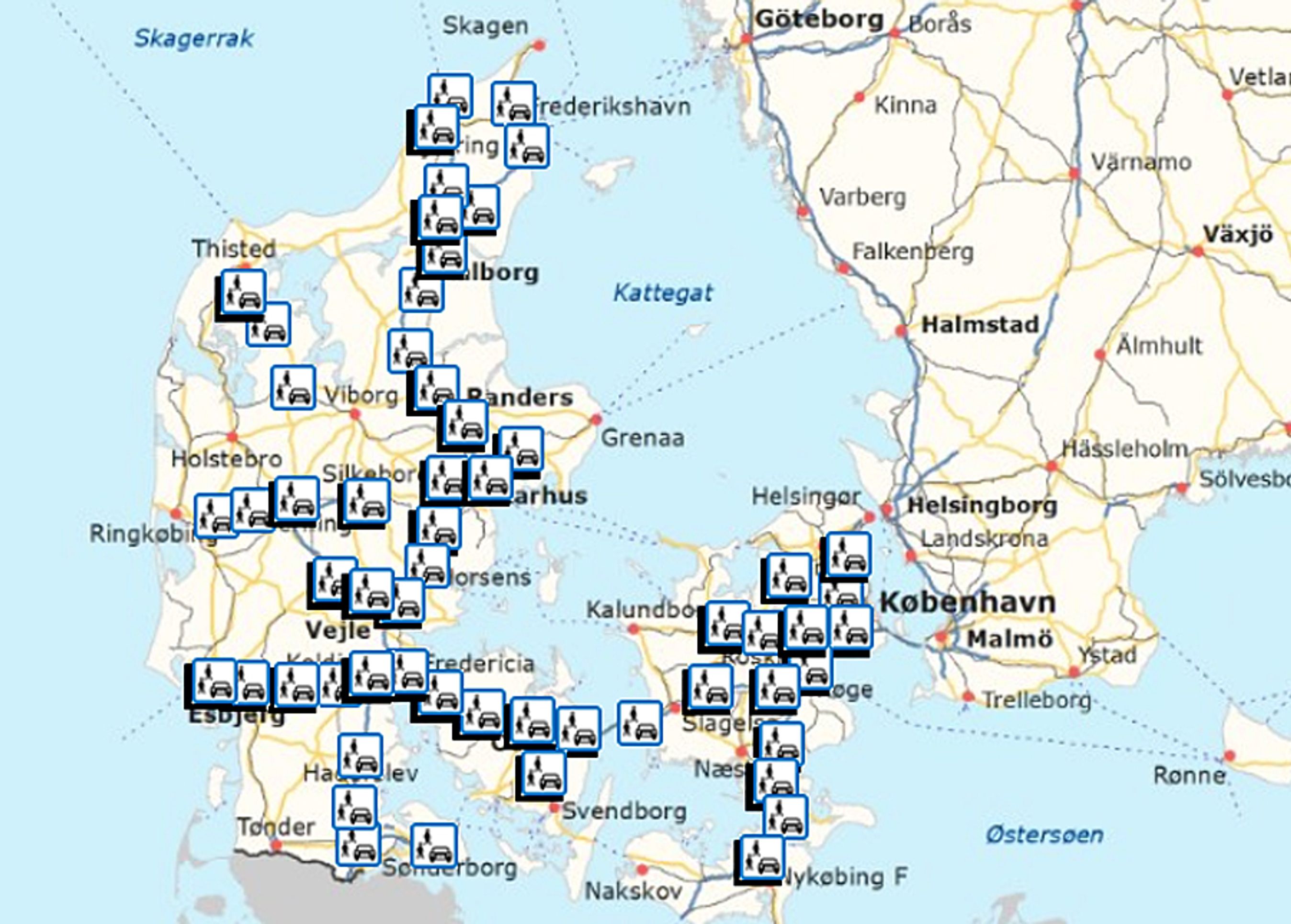 På Vejdirektoratets interaktive danmarkskort kan man finde omkring 150 registrerede samkørselspladser. Der er bl.a. beskrivelse af, hvilke faciliteter, hver samkørselsplads har, og et lille kort viser den præcise placering.