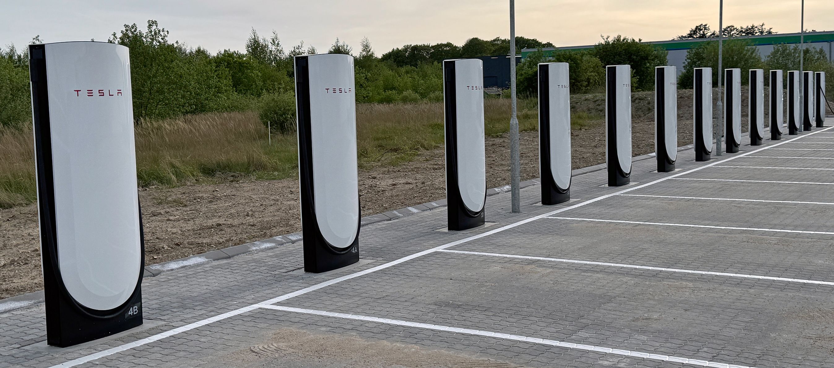 Hvide Tesla-ladestolper på rad og række.