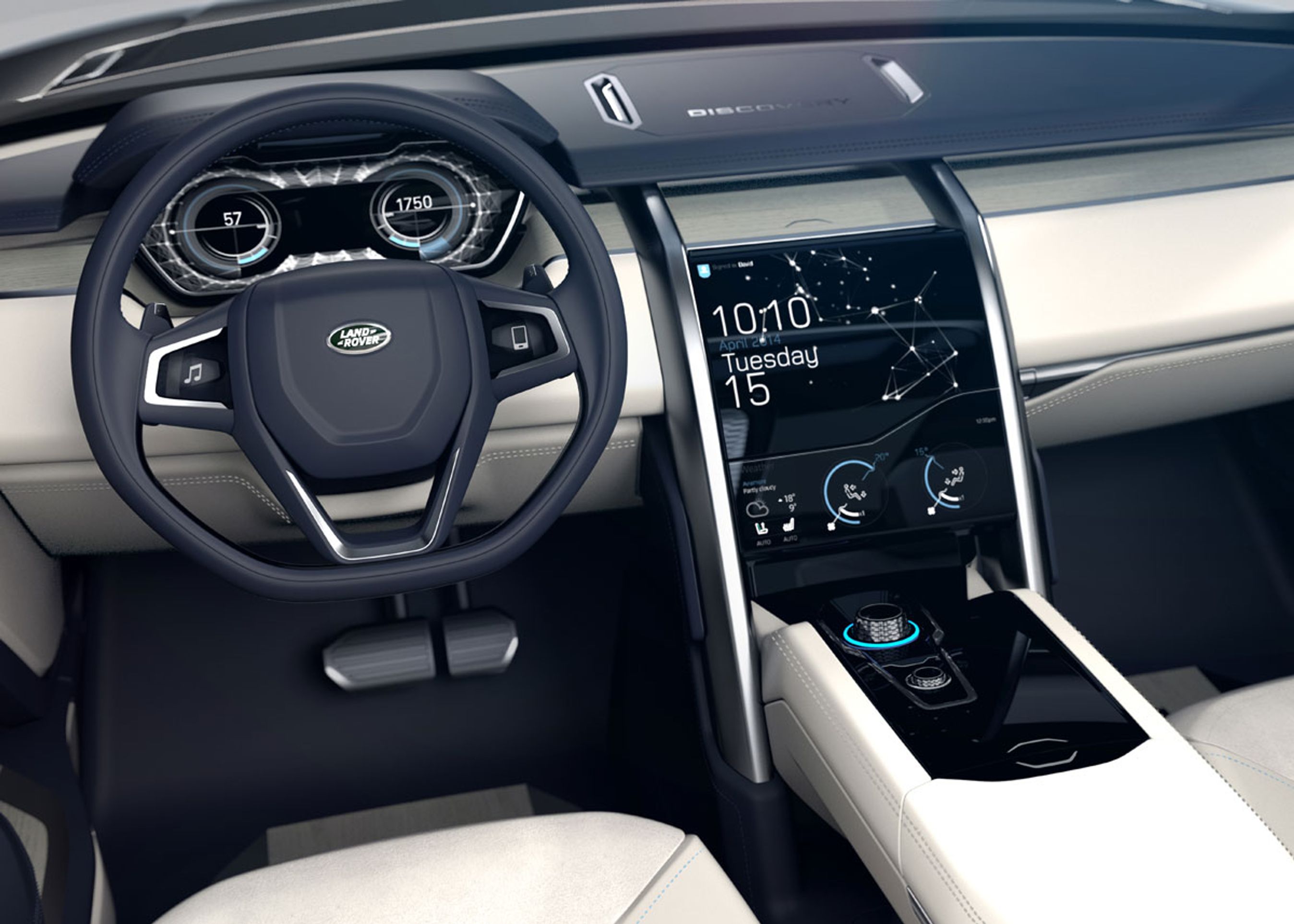 Førerpladsen virker helt realistisk for den kommende produktionsmodel. Læder, træ og hightech blandes, som det også kendes fra Range Rovers.