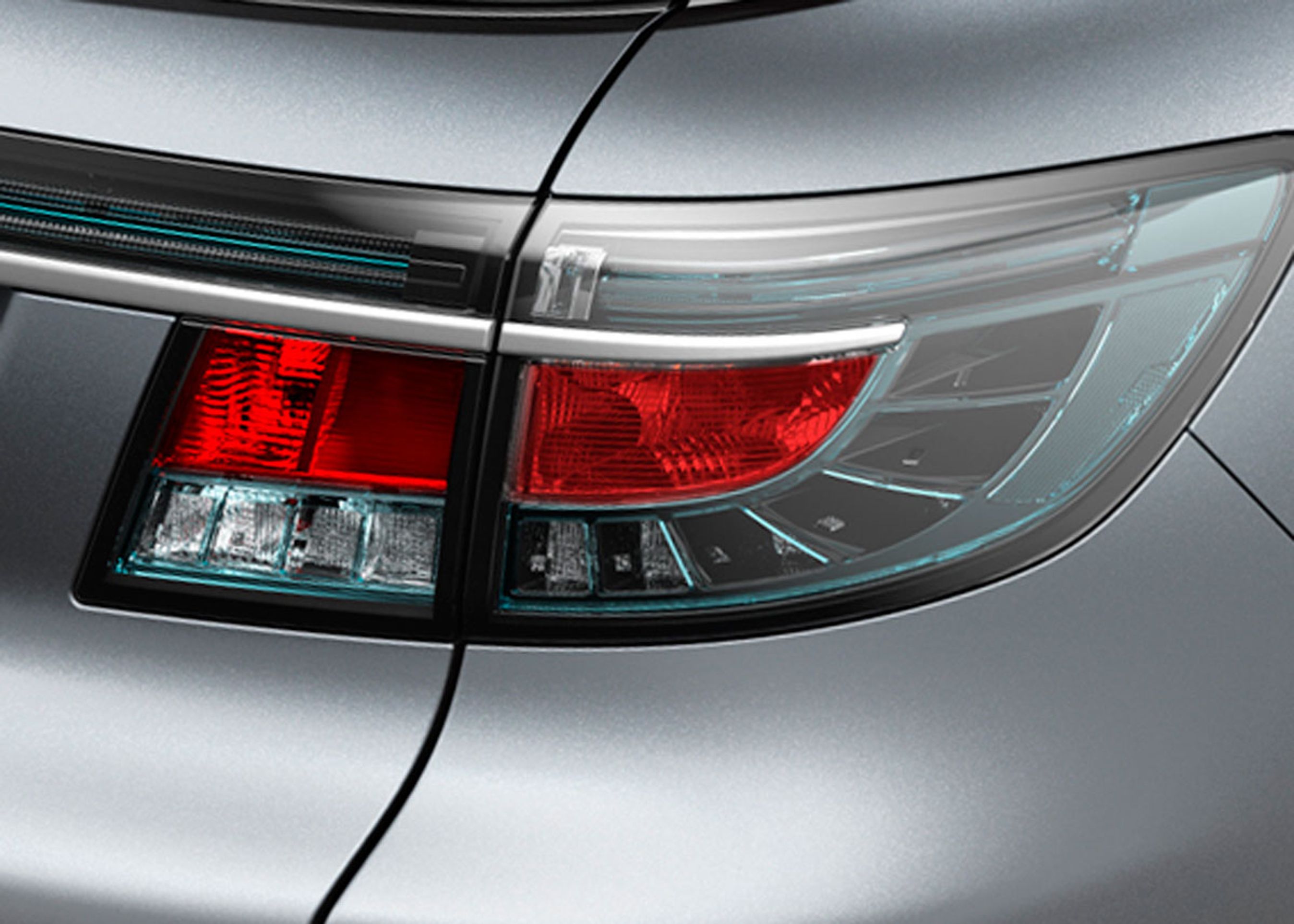 Baglygterne er i Saabs nye stil med et særlig blågrønt skær inspireret af Nordsveriges is.