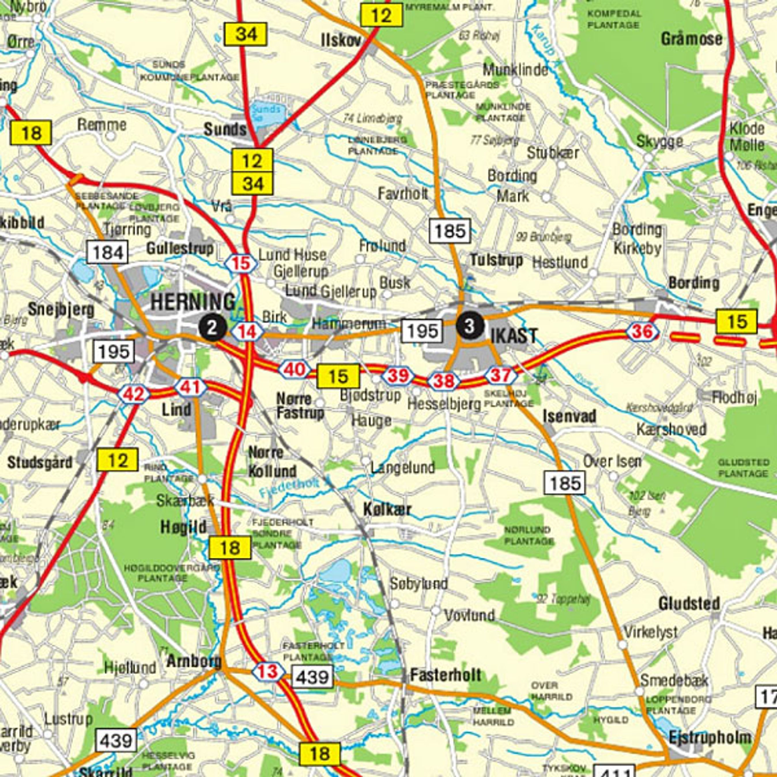 Brochuren indeholder detaljerede kort over den del af Danmark, hvor der er motorveje i nærheden.