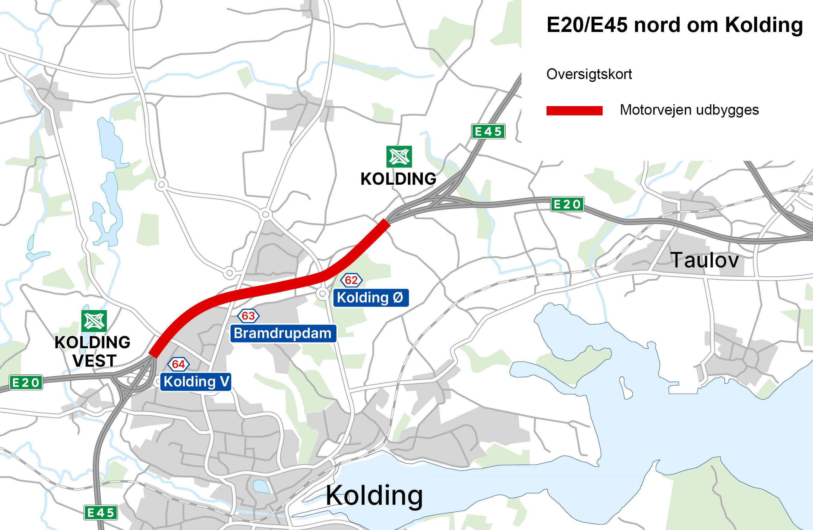 Vejkort over motorveje ved Kolding.