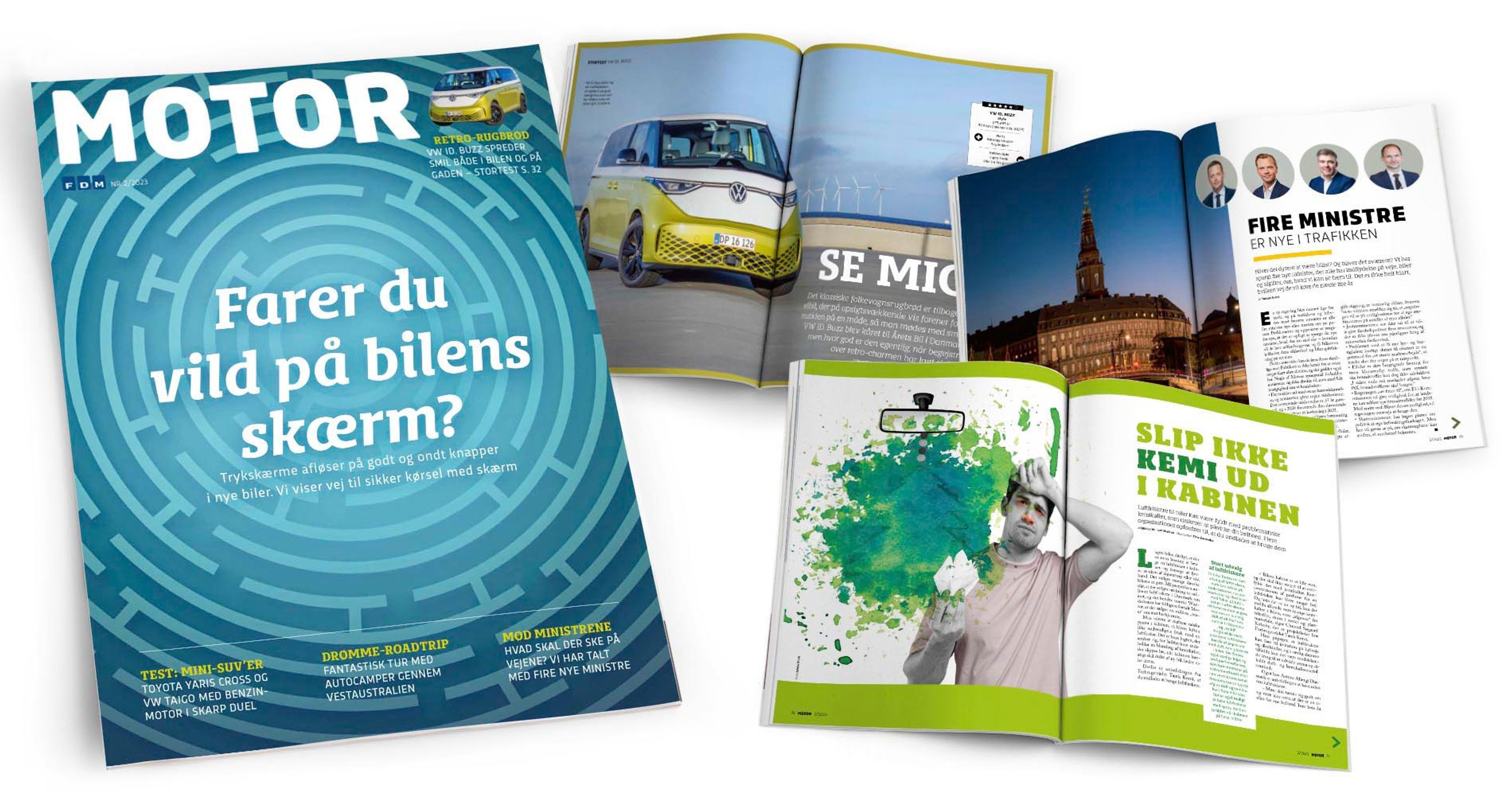 Kollage med fire artikler fra Motor nr. 2/2023