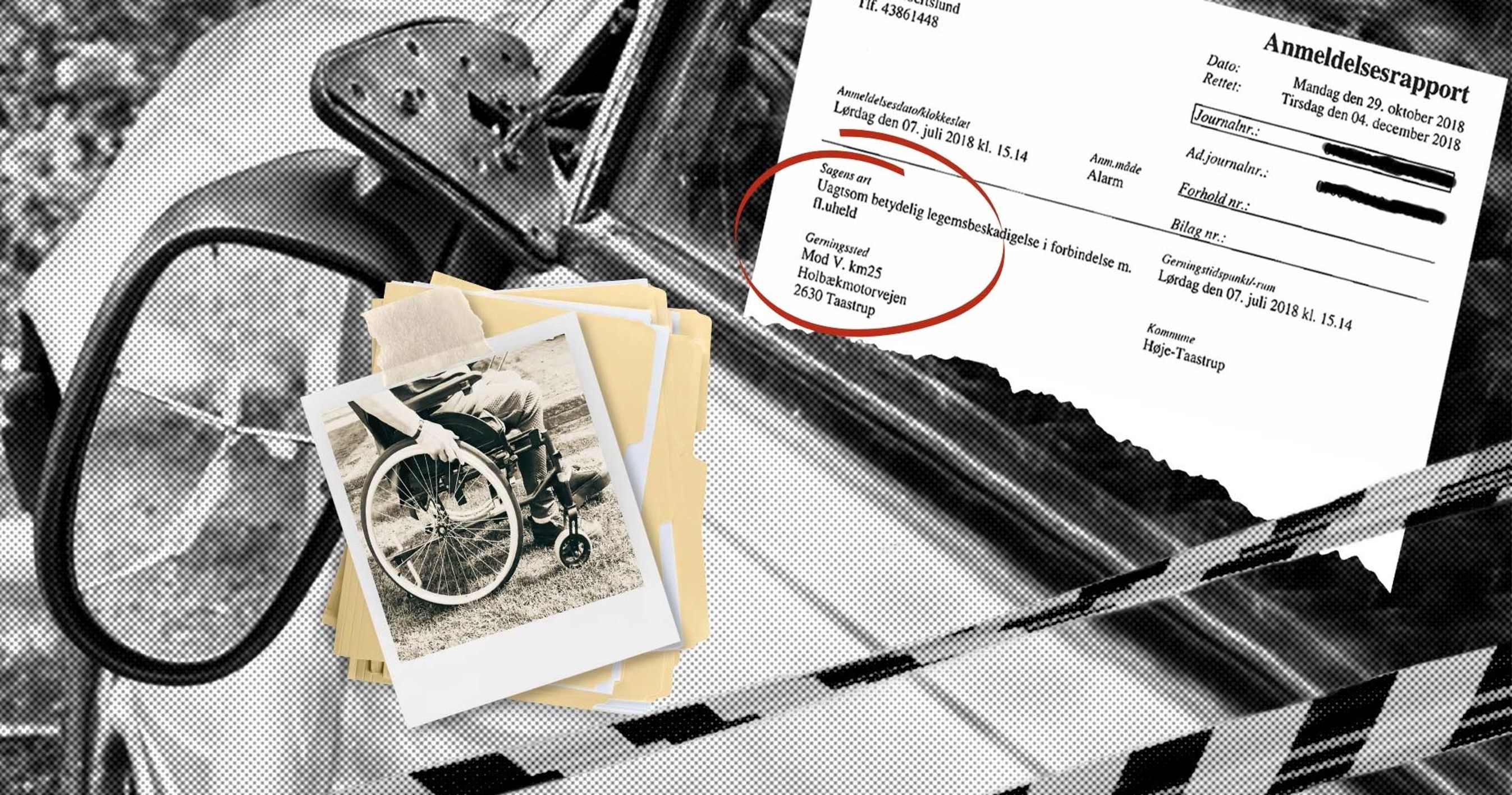 Smadret bil og en anmeldelsesrapport.