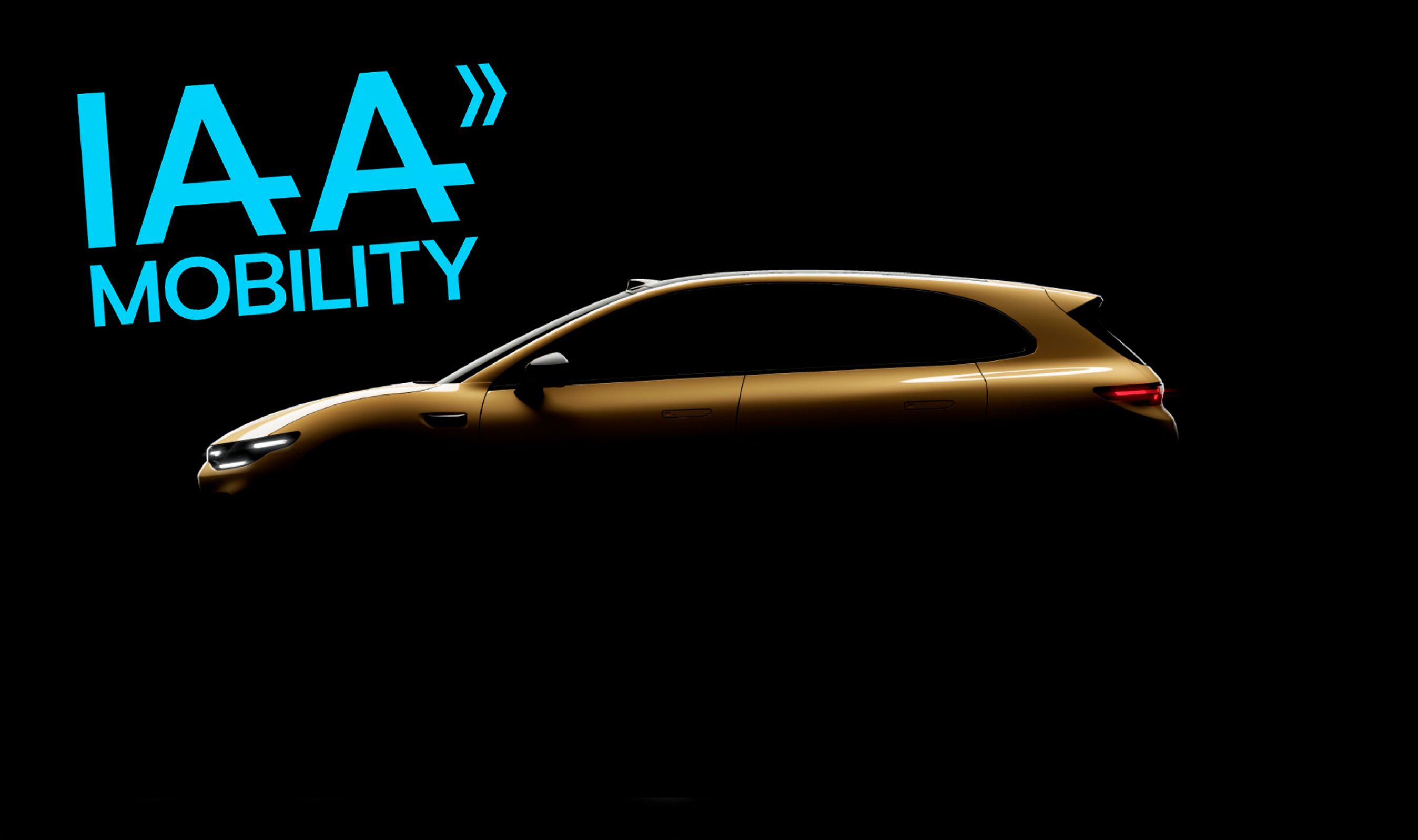 Guldfarvet bil i profil på sort baggrund med blåt IAA-logo