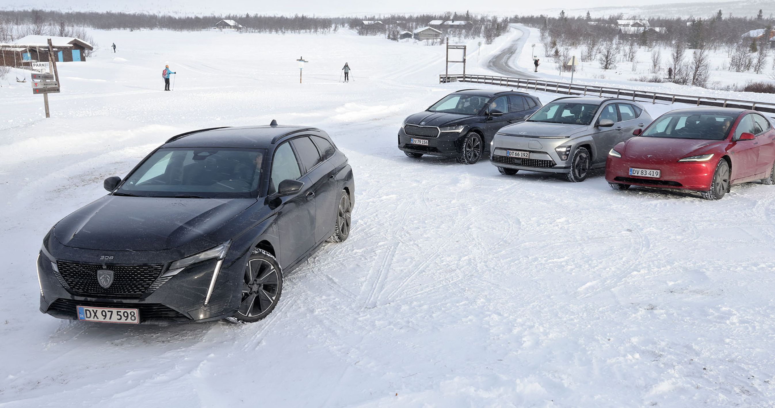 Fire elbiler holder parkeret i snelandskab