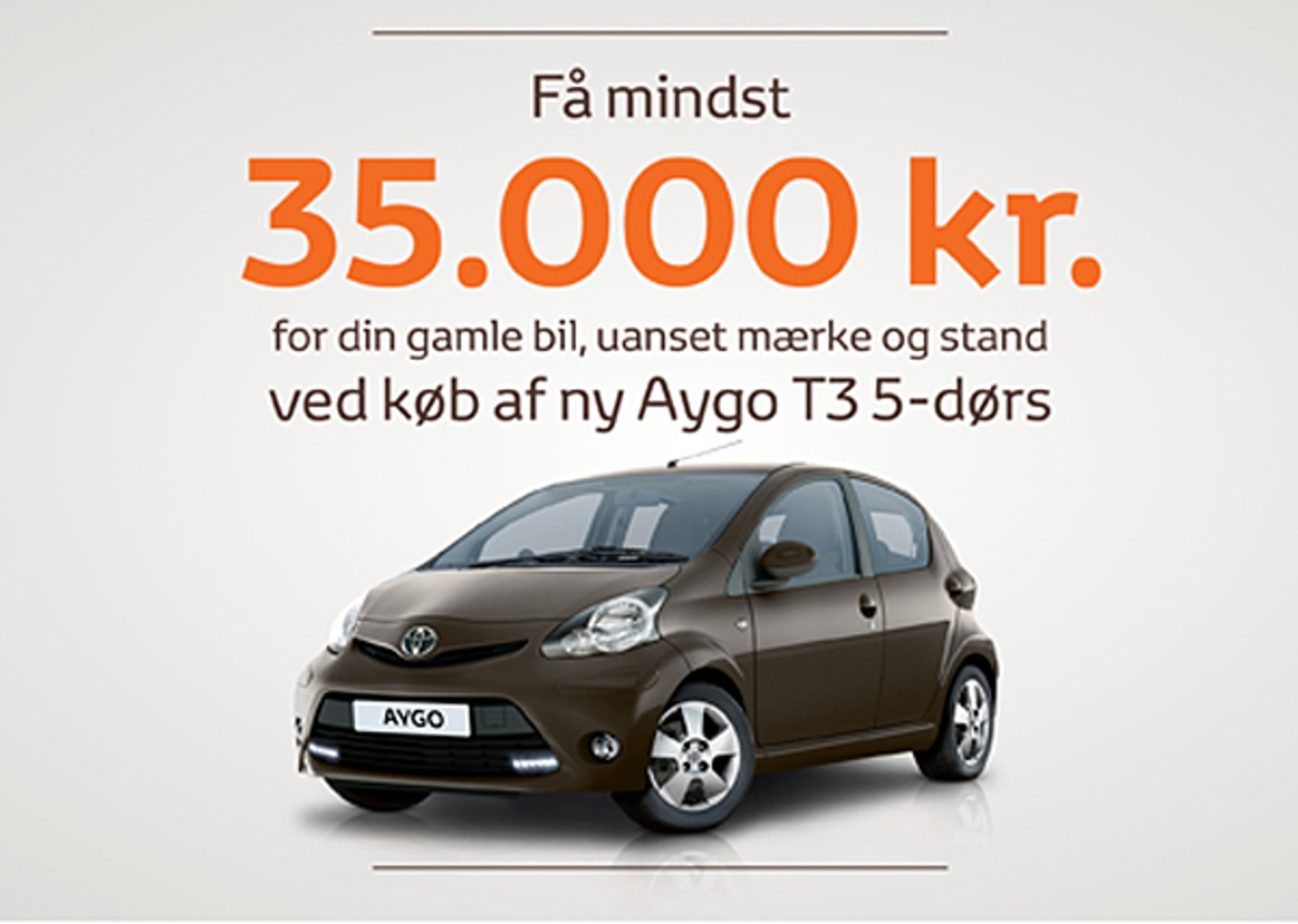 Toyota har tilsyneladende lært af sagen med Forbrugerombuds-manden. Nu sammenkædes ikke længere en "forkert" pris med tilbudet. Det er i øvrigt for tiden hævet til 35.000 kr., men samtidig skal man også vælge en endnu dyrere Aygo-version. Prisen på den model fremgår ikke af annoncen, men Motor kan oplyse, at Aygo T3 koster fra 135.990 kr. plus 3.680 kr. i levering.