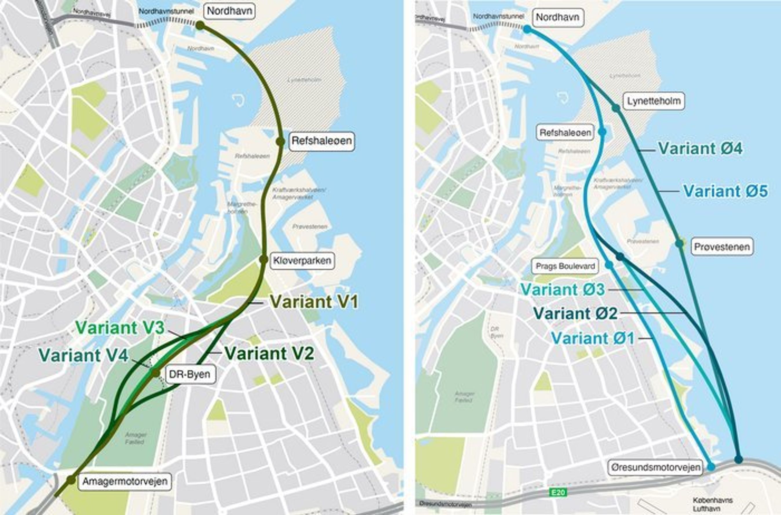 De undersøgte lineføringer. Favorit hos Københavns Overborgmester Fansk Jensen er Ø4, som er en sænketunnel hele vejen og med tilslutning ved Prøvestenen.