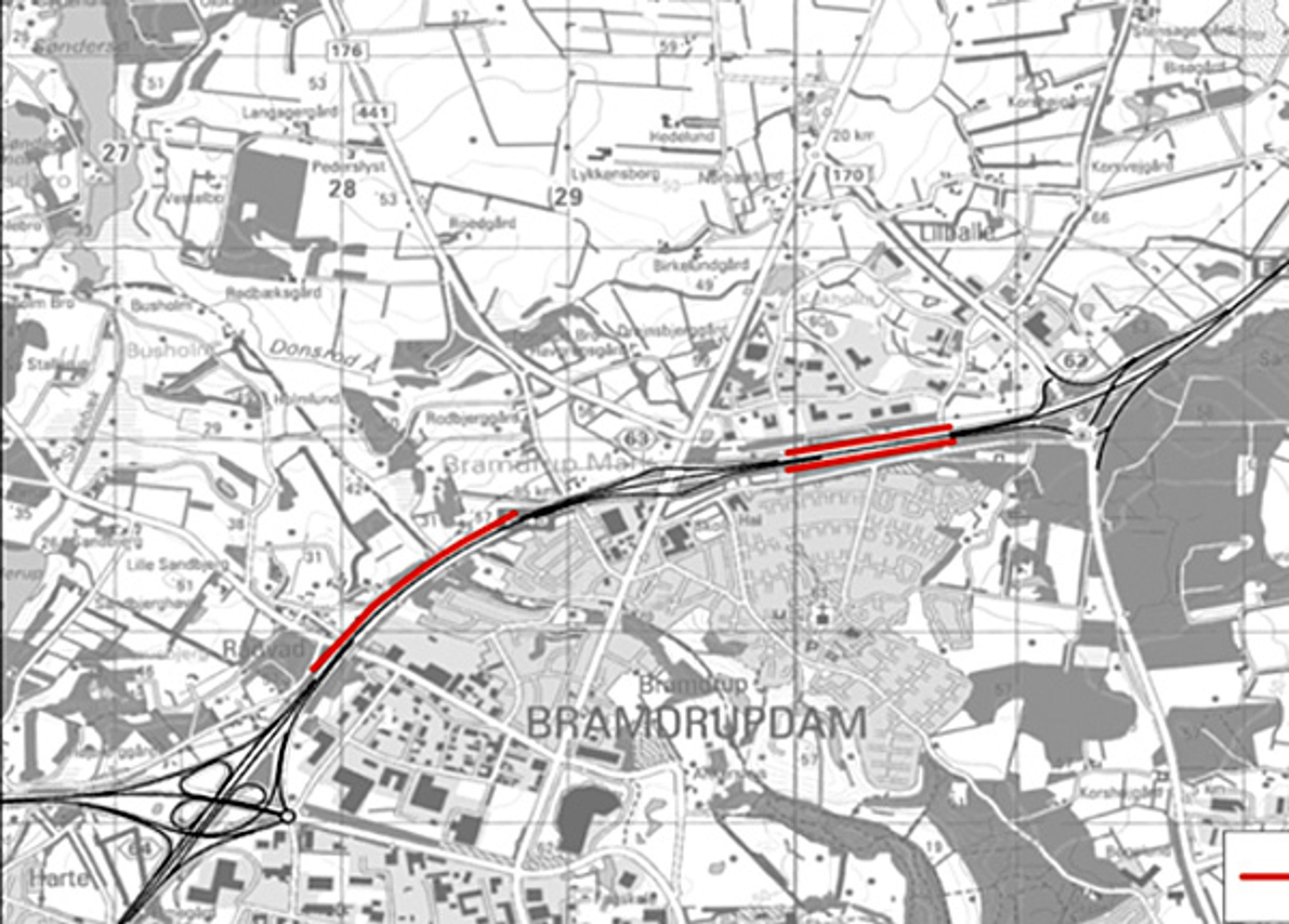 På de tre strækninger markeret med rødt bliver nødsporet ændret til lokal kørebane mellem til- og frakørsler.