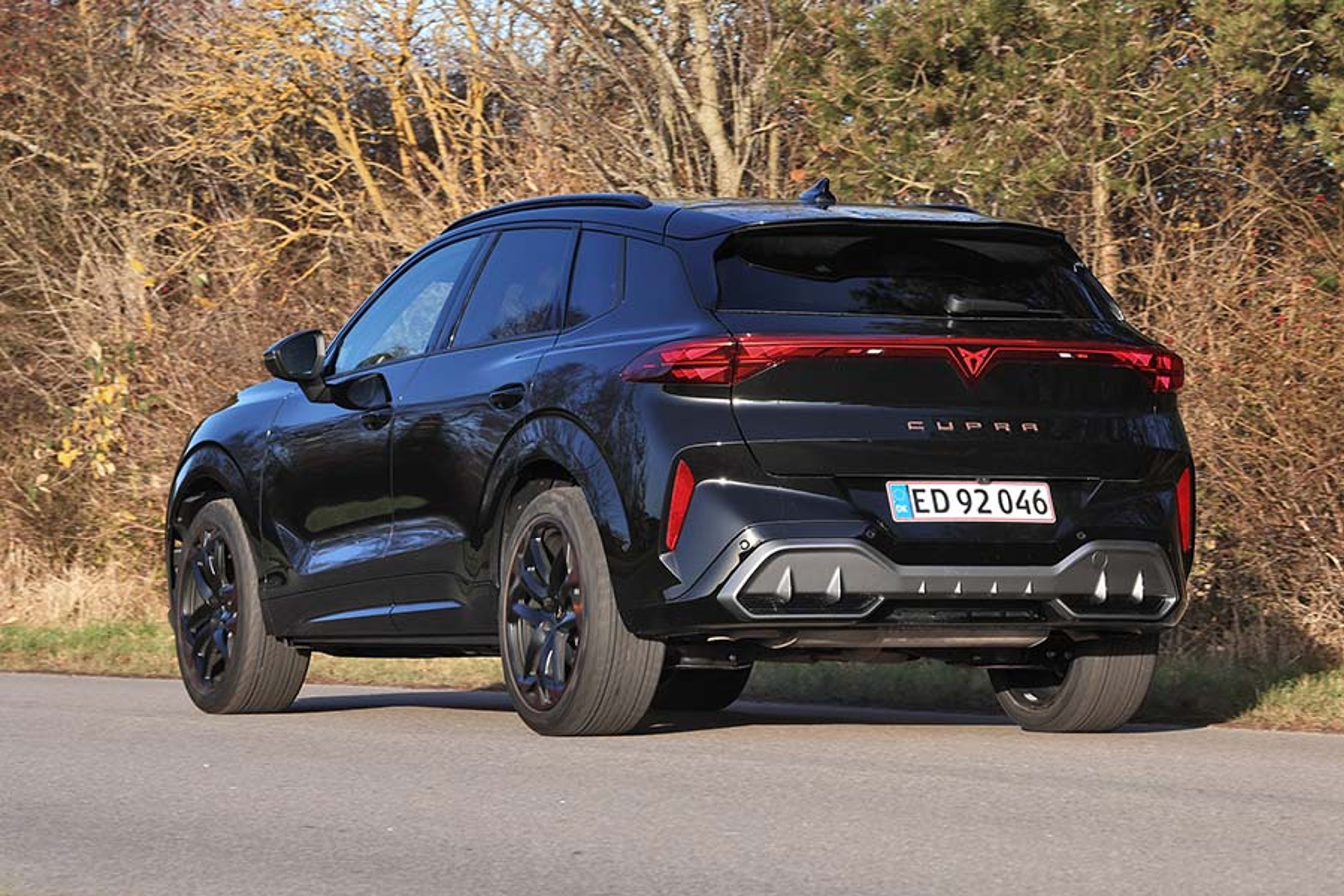 SUV'en Cupra Terramar set bagfra, mens den kører på landevej med træer i baggrunden