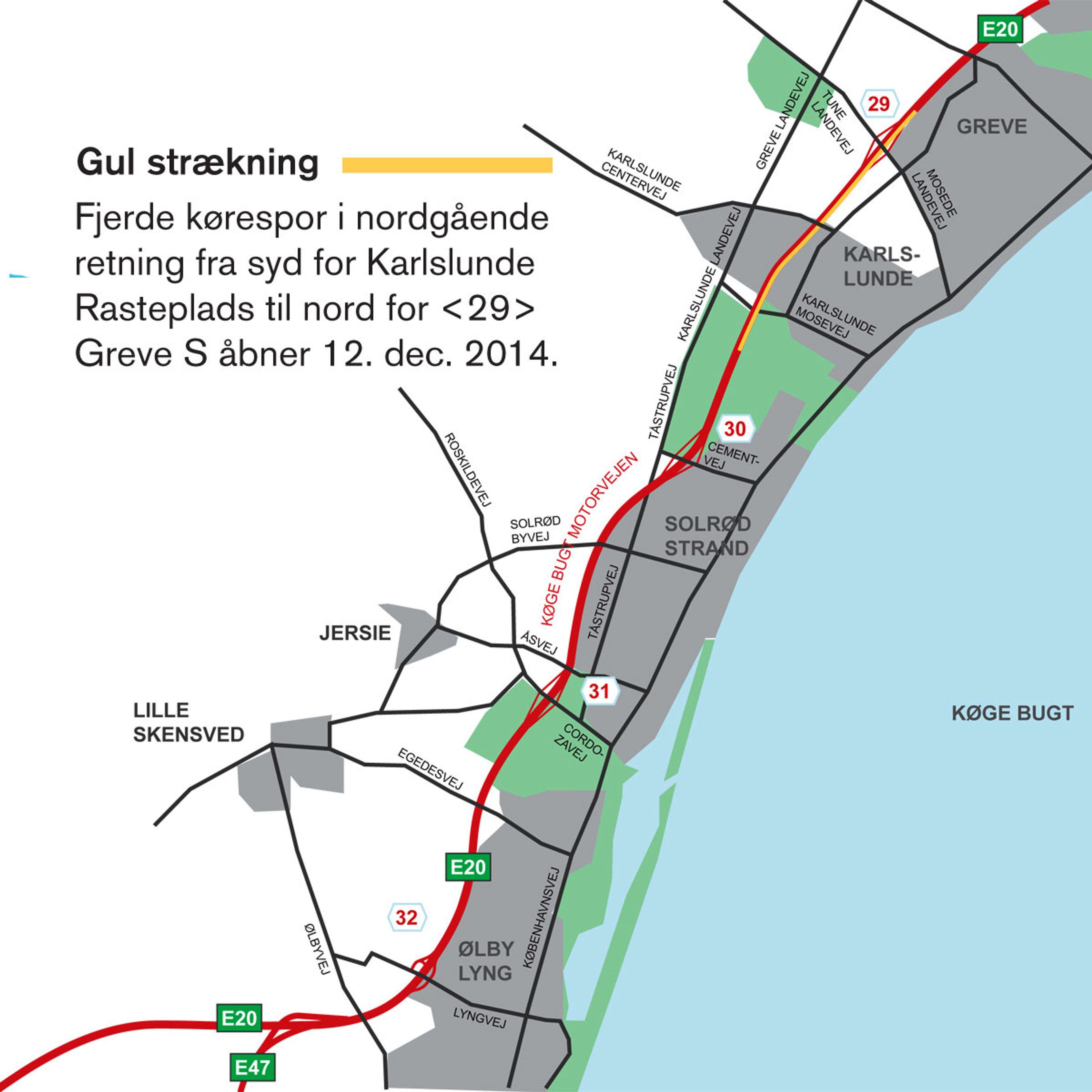 Den gule strækning i nordgående retning åbner nu med fire spor. Illustration: Vejdirektoratet