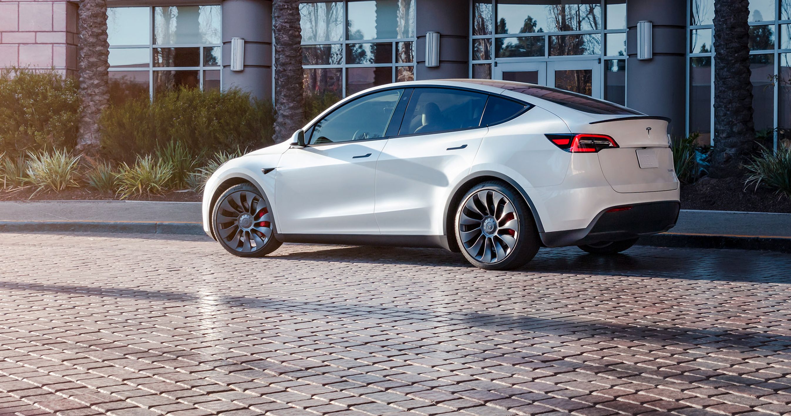 Hvid Tesla Model Y holder foran bygning og palmetræer.