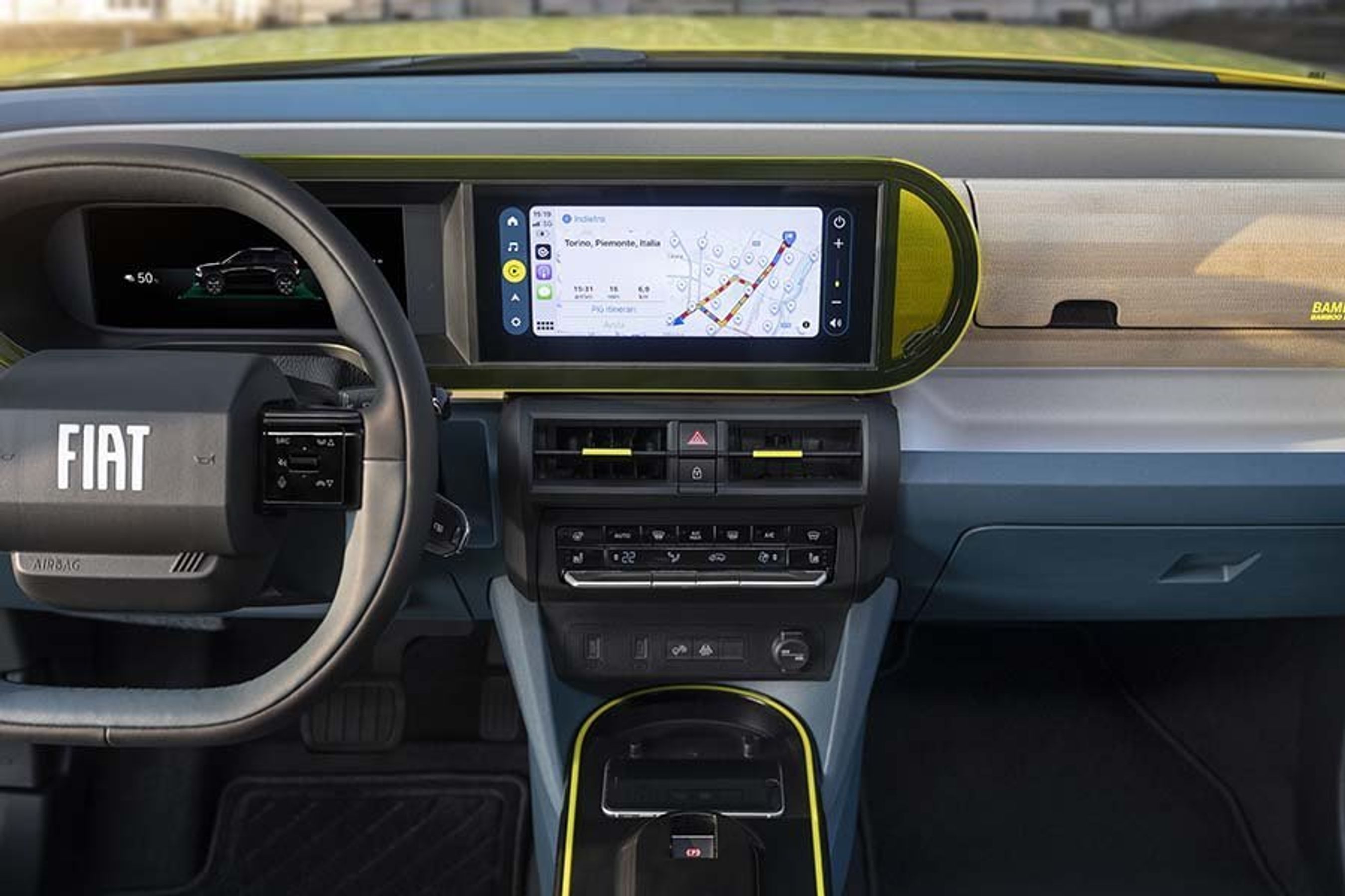 Førerpladsen i en Fiat Grande Panda