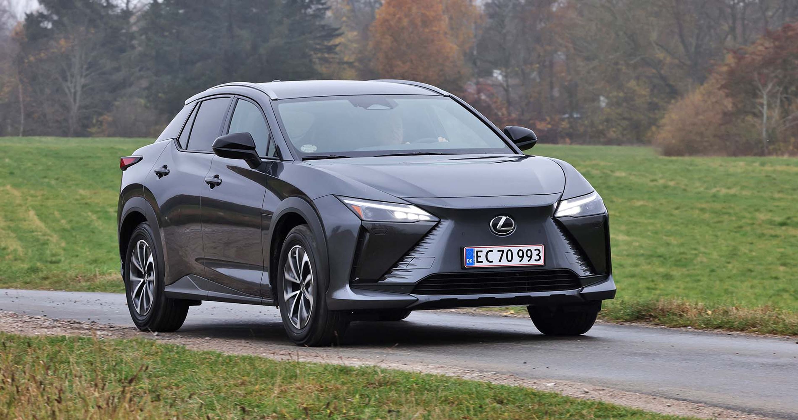 Lexus RZ set forfra, mens den kører på landevej med græs rundt om