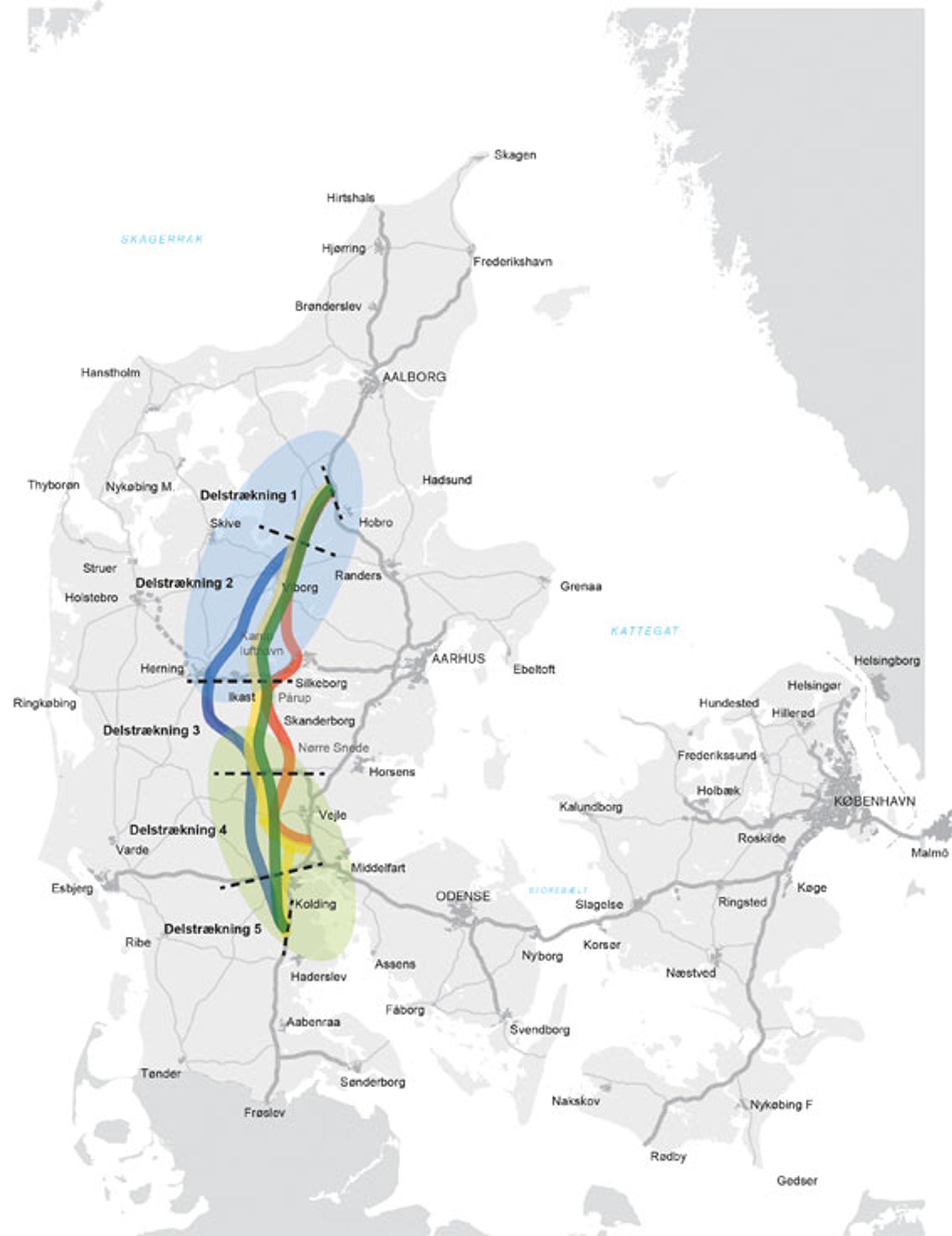 Vejdirektoratet har regnet på samfundsøkonomien i fire forskellige linjeføringer af en ny midtjysk motorvej. Grafik: Vejdirektoratet