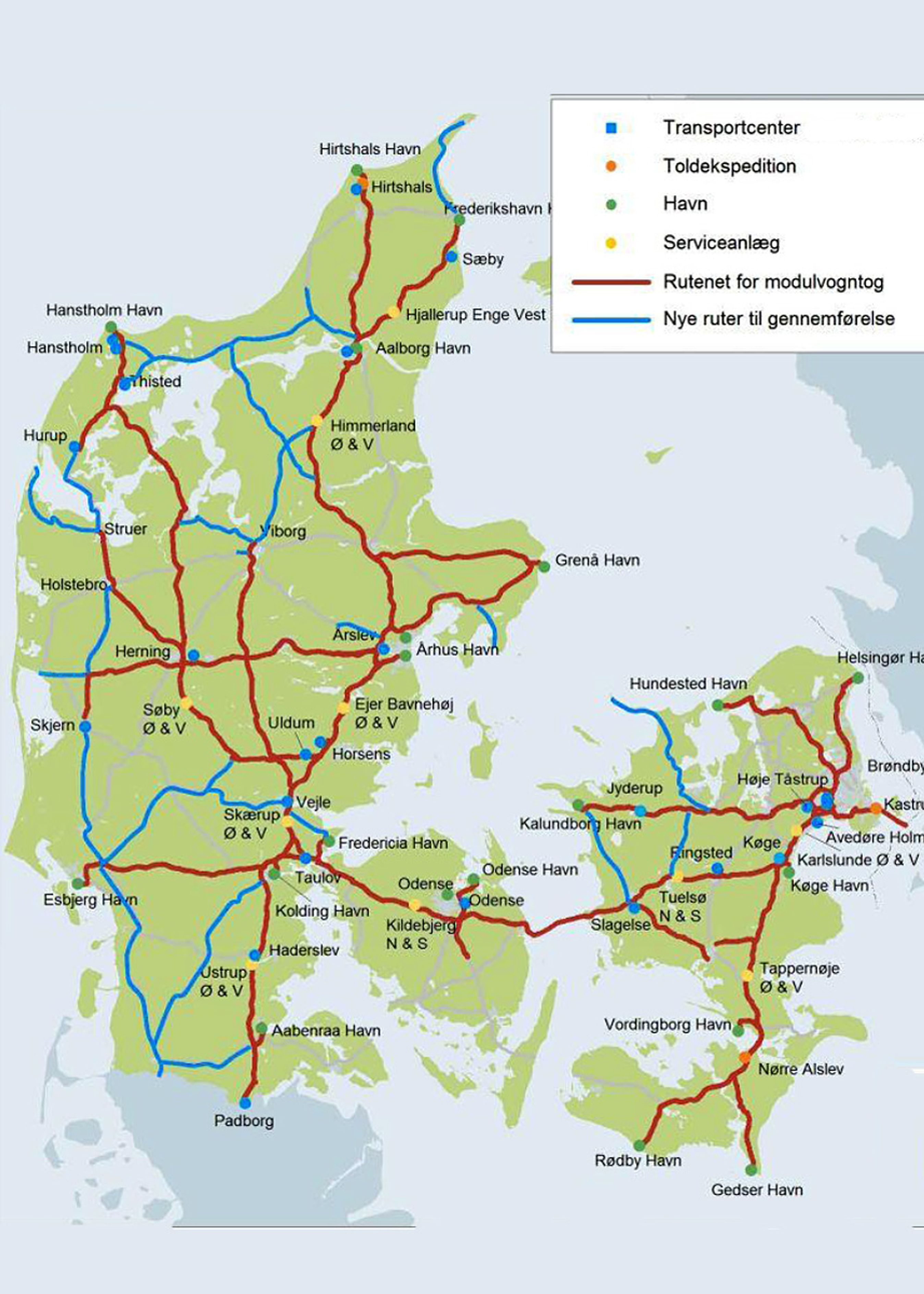 De blå strækninger bliver nye tilladte ruter for modulvogntog.