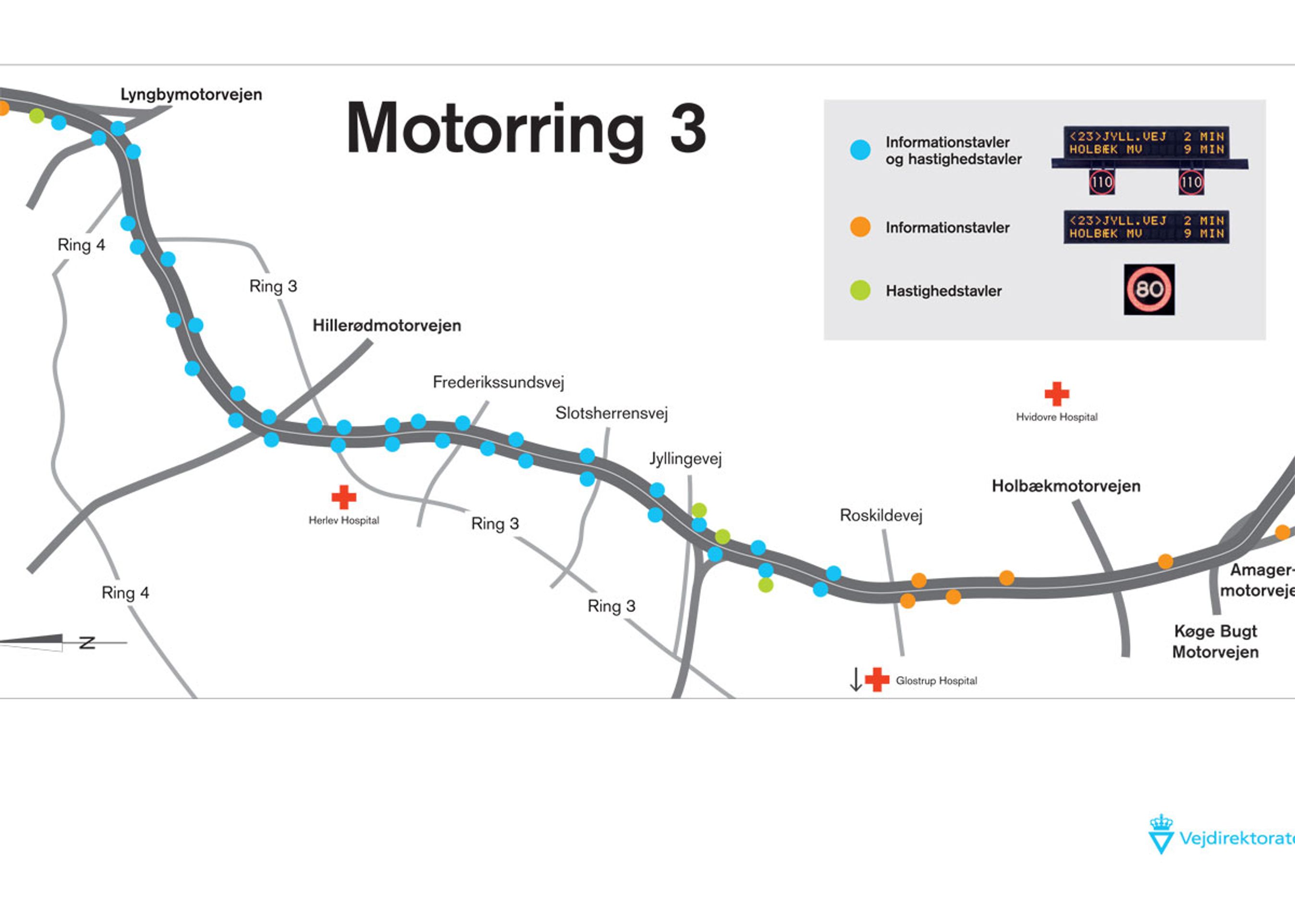 Alle prikkerne repræsenterer en dynamisk oplysningstavle på Motorring 3. Nu slukkes de alle på nær én.