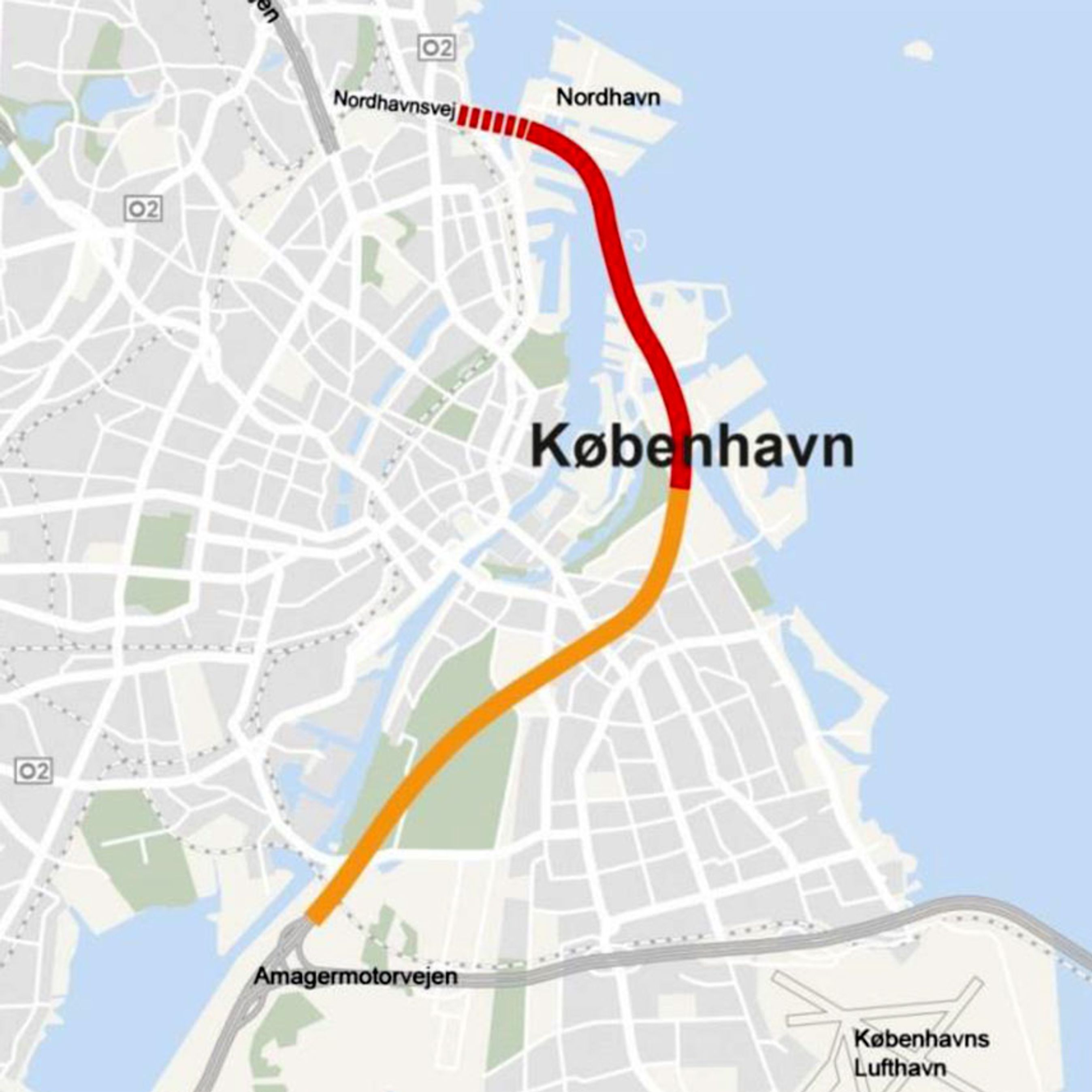 Etape ½ (Nordhavnstunnelen) er besluttet og finansieret. En evt. etape 1 vil gå fra Nordhavn via Refshaleøen til Kløvermarken. En fuldt udbygget østlig ringvej løber til Amagermotorvejen. Kort: Transportministeriet