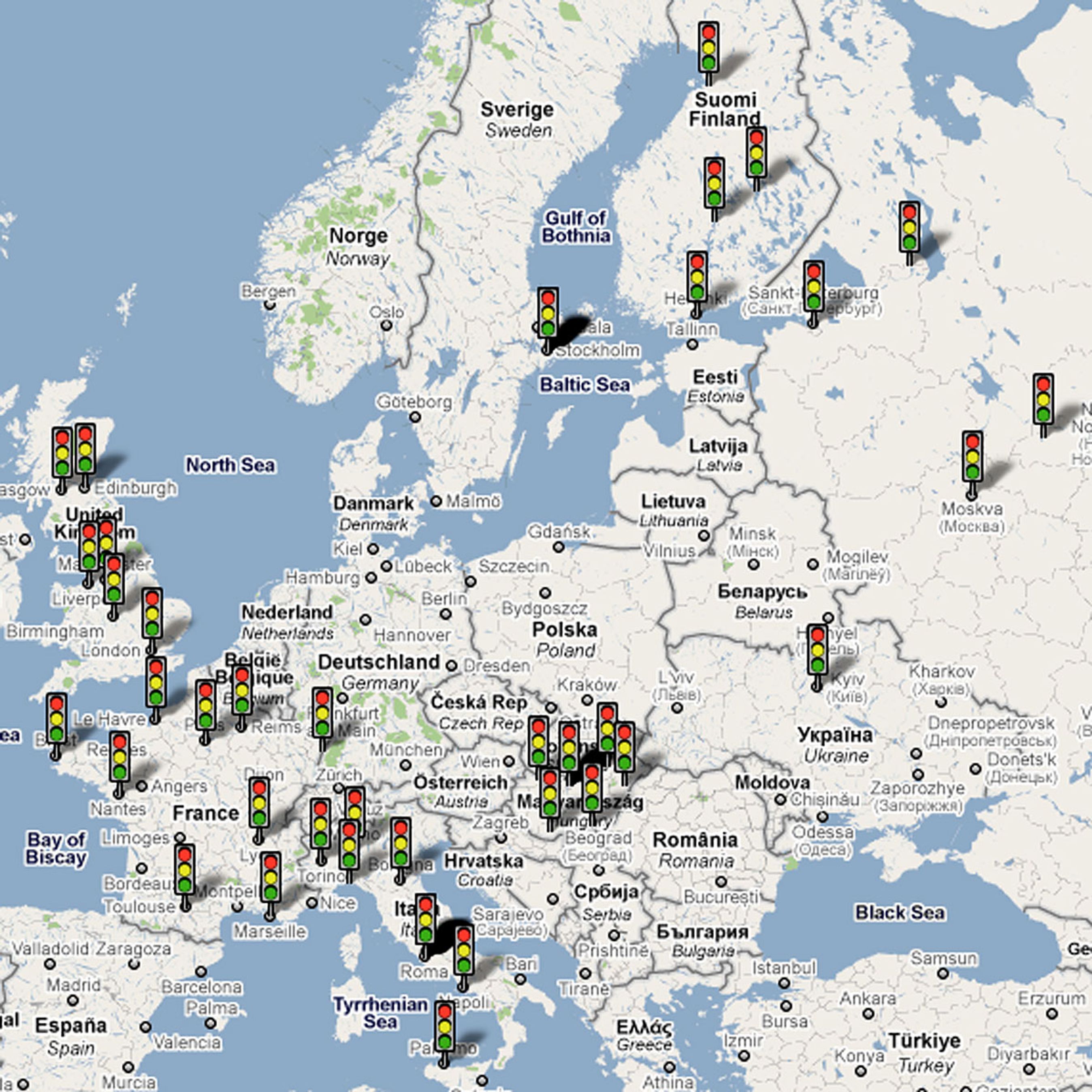 I disse lande/byer fungerer Googles "Live Trafik".