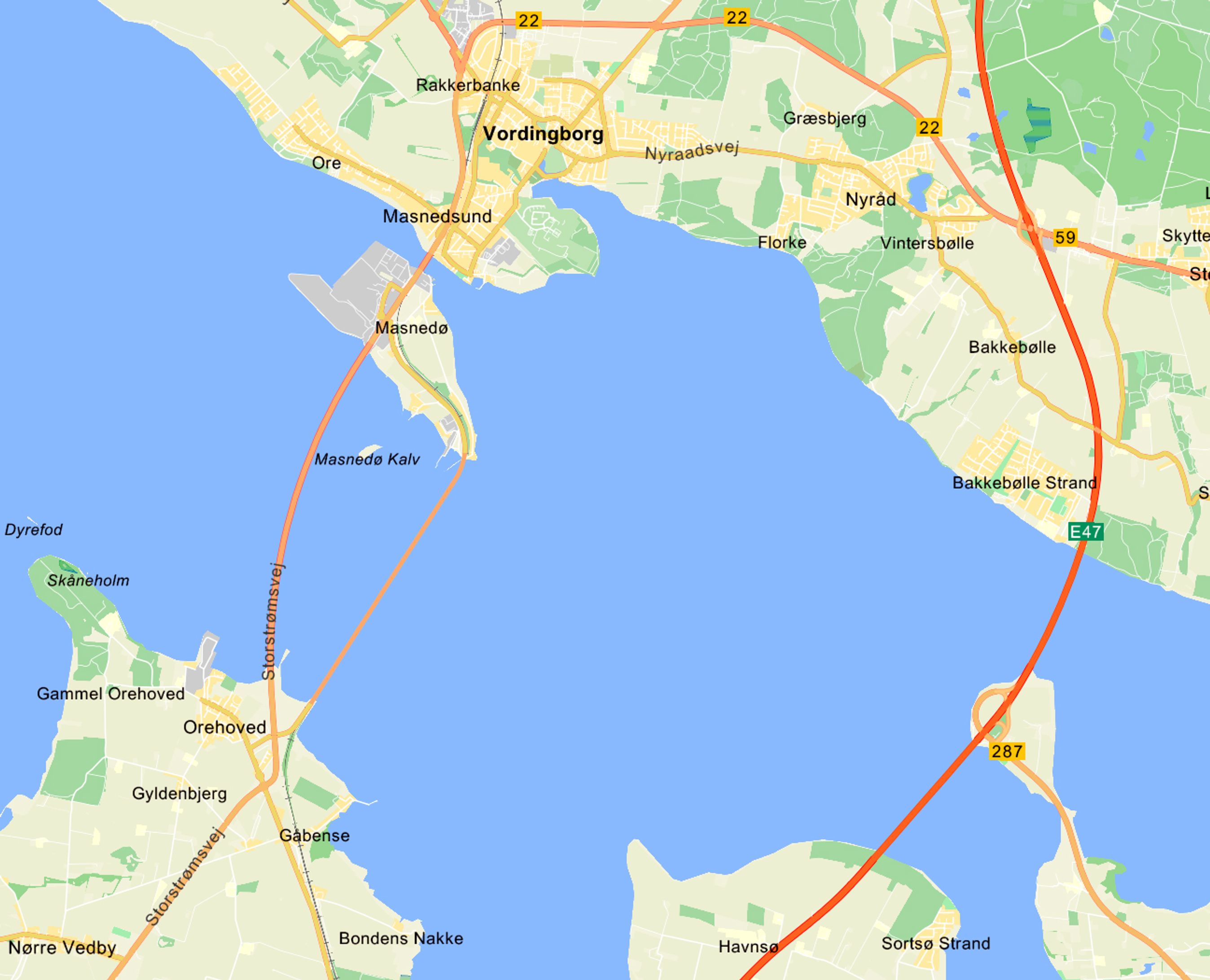 Kort over Storstrømmen med de tre broforbindelser.