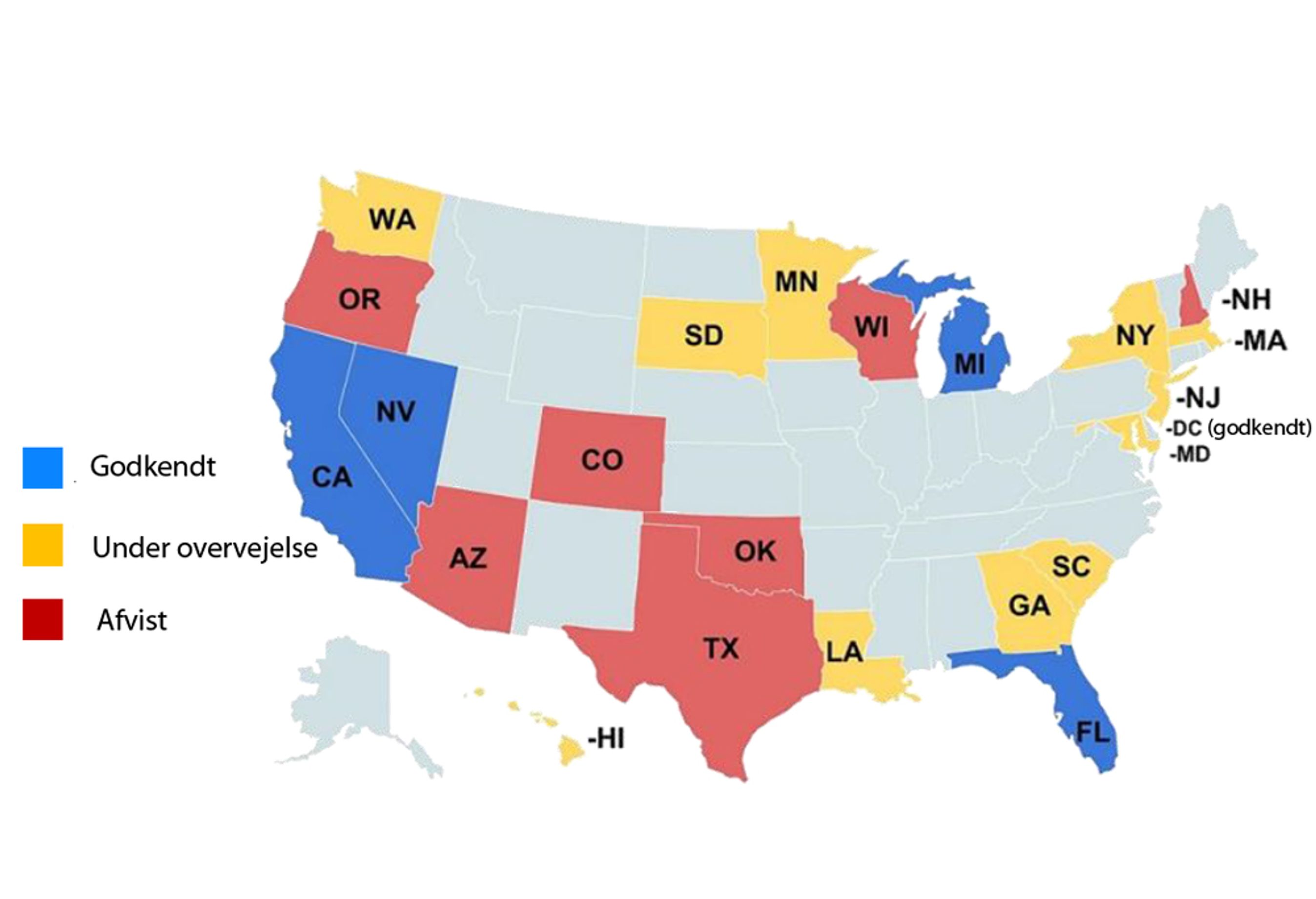 Fire amerikanske delstater plus hovedstaden Washington DC tillader selvkørende personbiler.